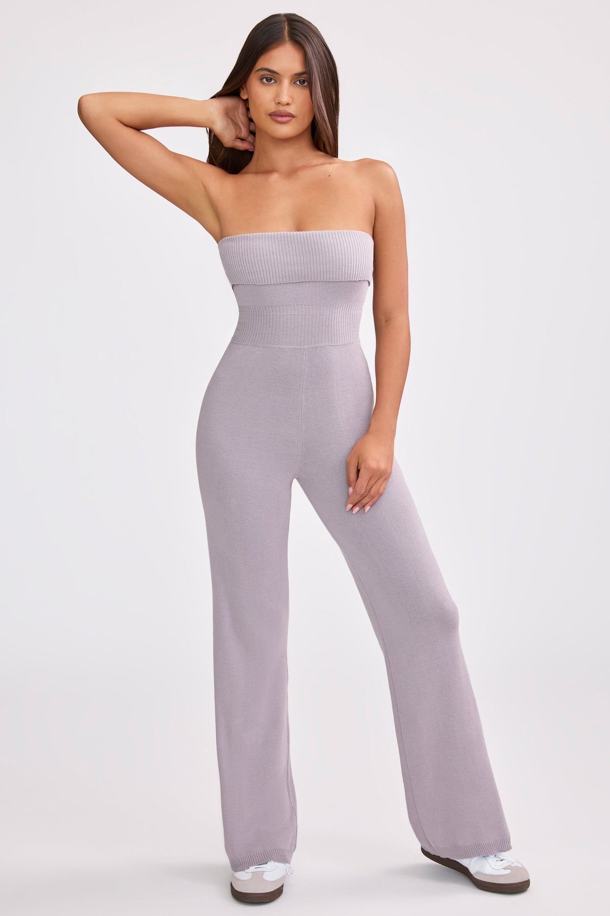 Bandeau Kick Flare Chunky Knit Jumpsuit in Dusty Lavender