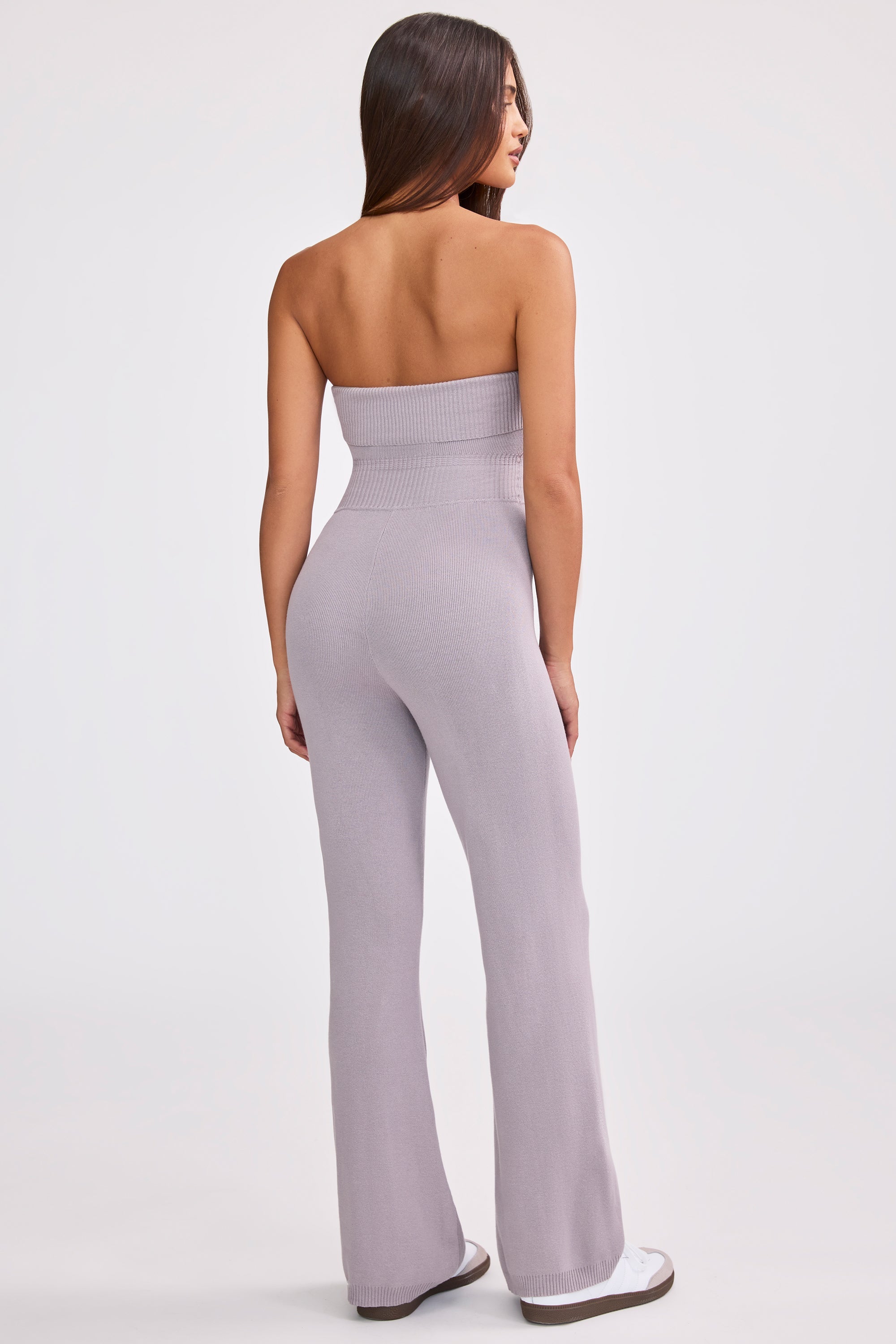 Petite Bandeau Kick Flare Chunky Knit Jumpsuit in Dusty Lavender