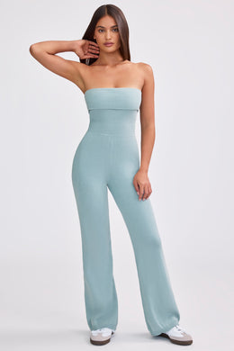 Petite Bandeau Kick Flare Chunky Knit Jumpsuit in Dusty Teal