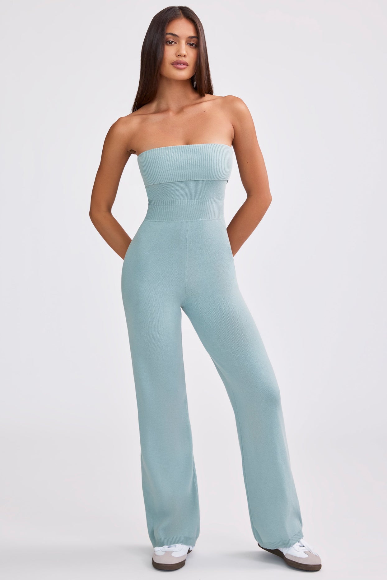 Petite Bandeau Kick Flare Chunky Knit Jumpsuit in Dusty Teal