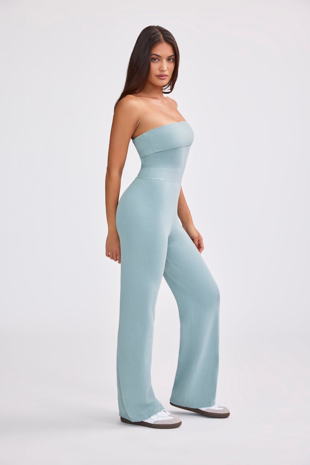 Bandeau Kick Flare Chunky Knit Jumpsuit in Dusty Teal