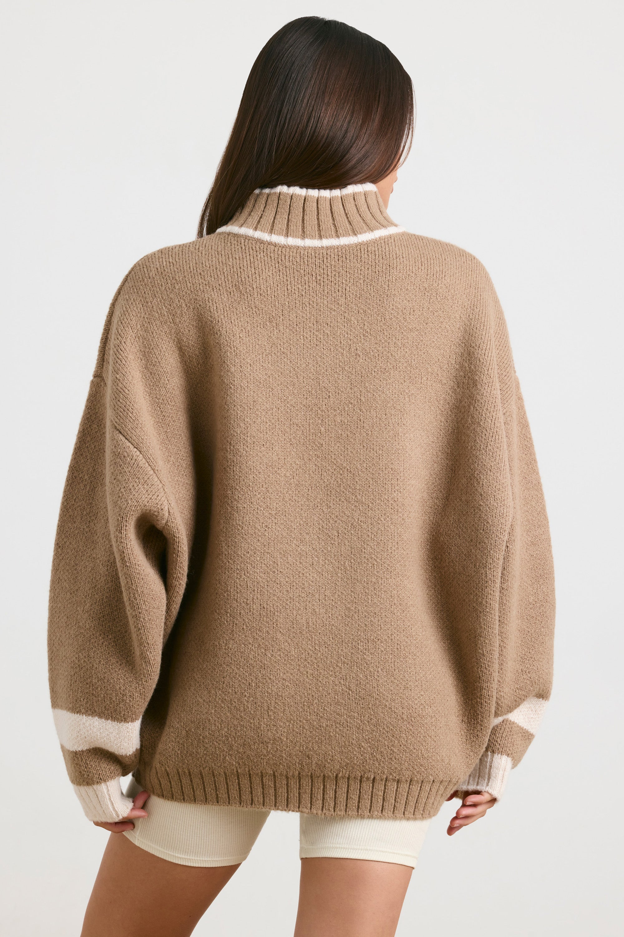 Casual Oversized Quarter Zip Chunky Knit Jumper in Espresso Oh Polly