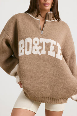 Oversized Quarter-Zip Chunky-Knit Jumper in Espresso