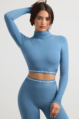 Turtleneck Backless Long-Sleeve Crop Top in Steel Blue