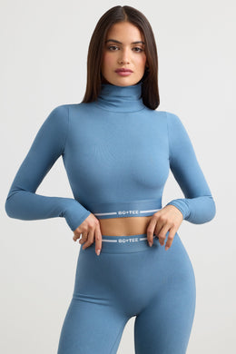 Turtleneck Backless Long-Sleeve Crop Top in Steel Blue