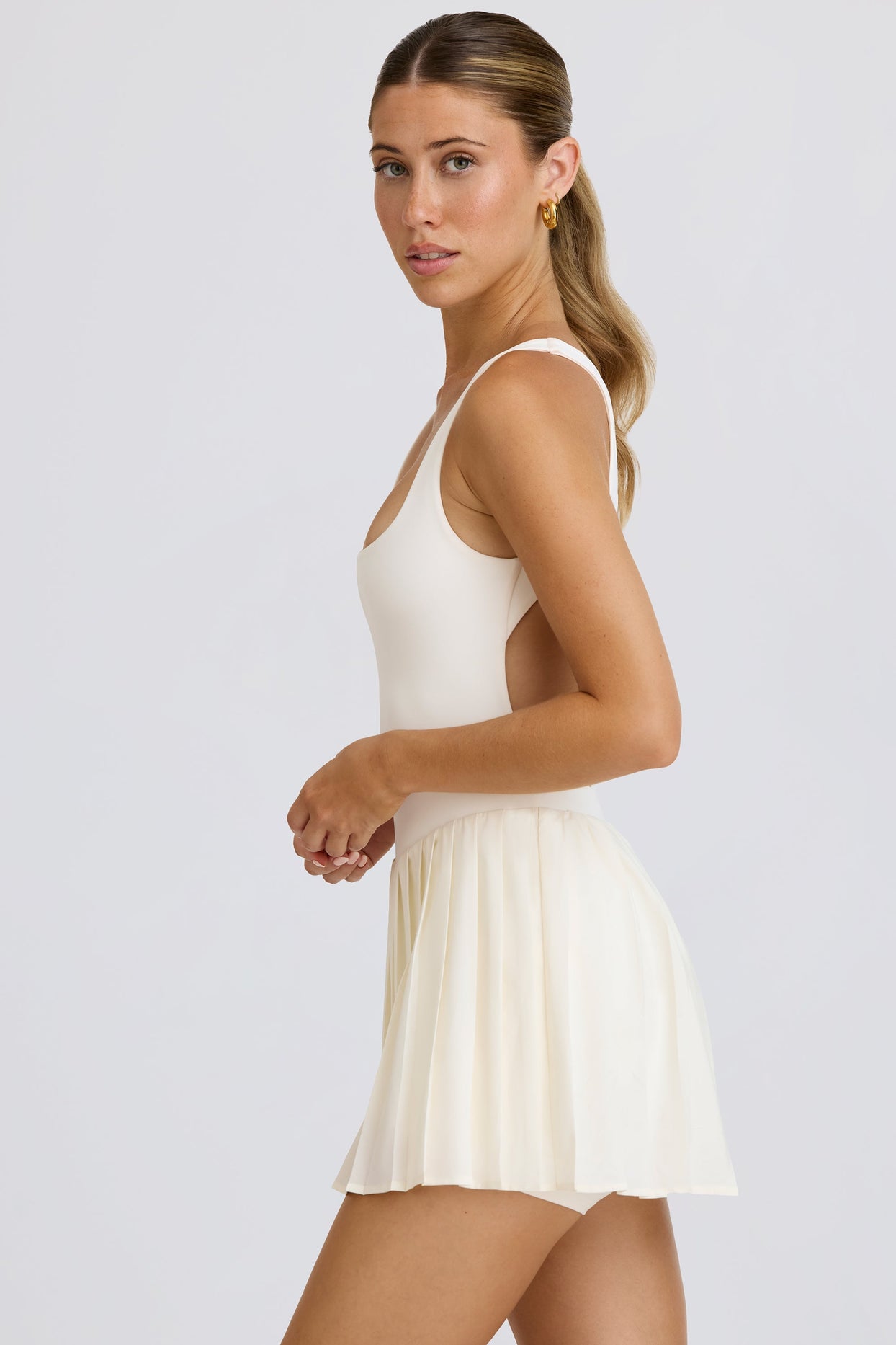 Soft Active Open-Back Pleated Tennis Dress in White