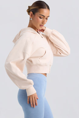 Zip-Up Cropped Hoodie in Washed Cream