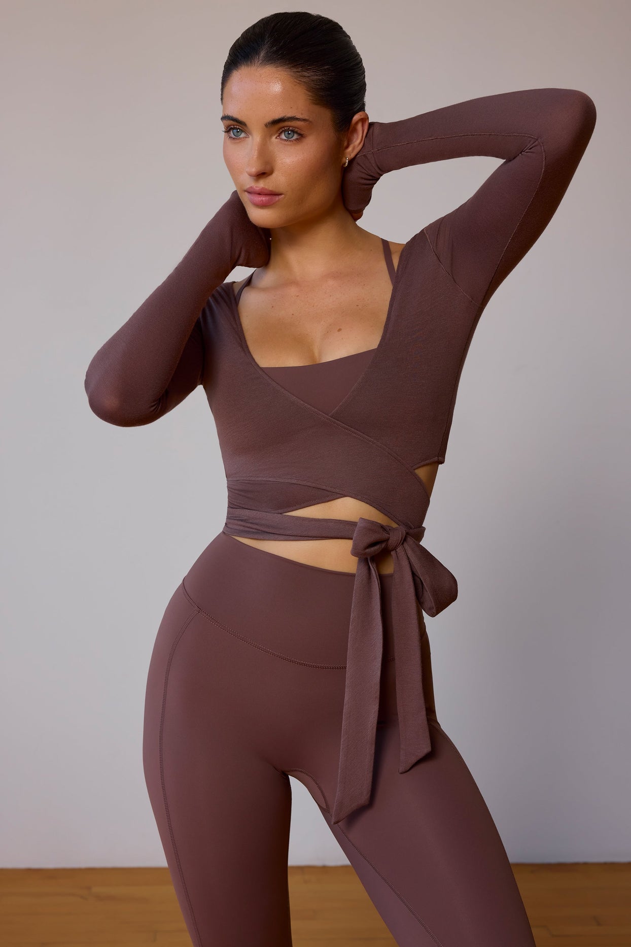 Long-Sleeve Wrap Crop Top in Taupe Brown