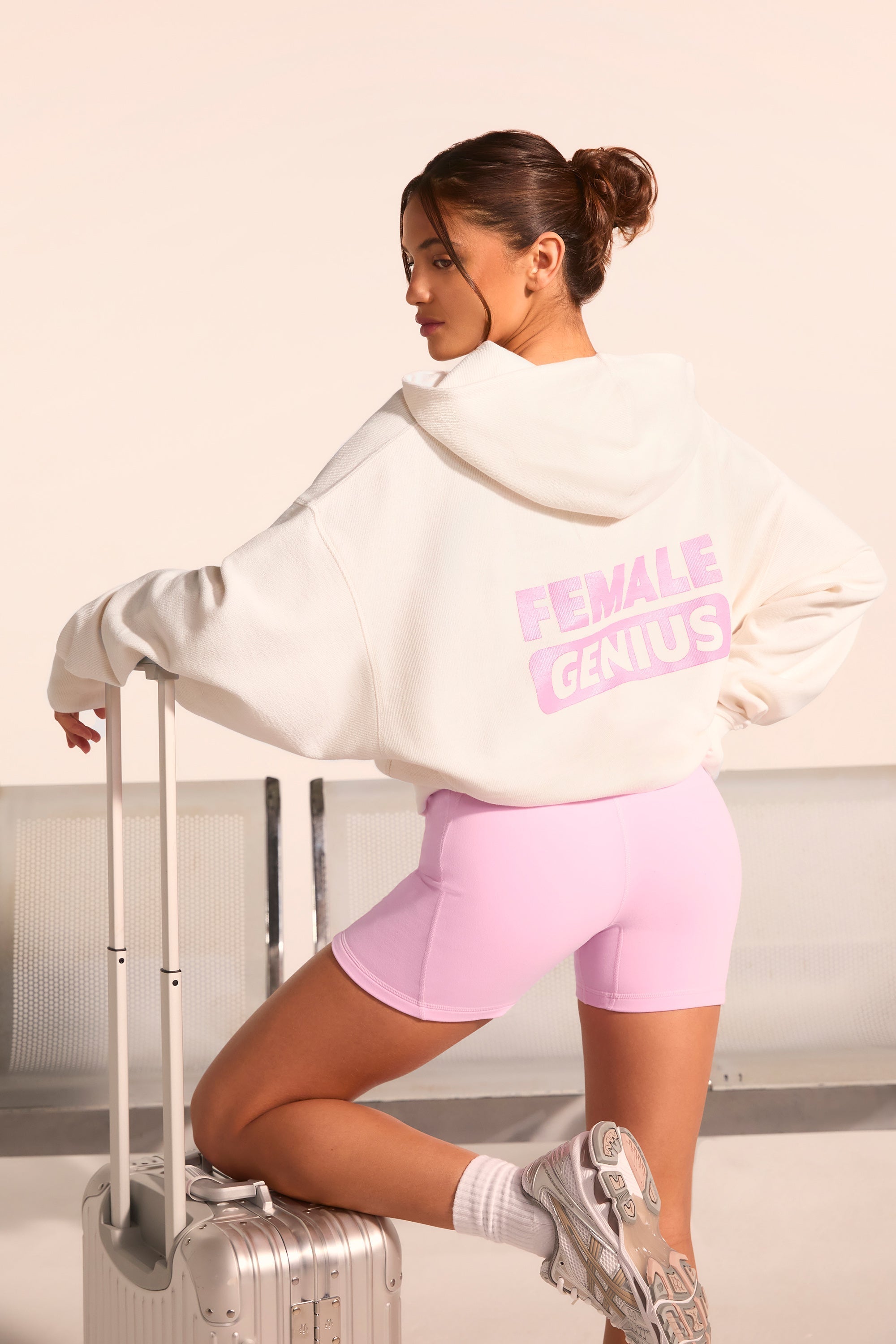 Textured Cotton Jersey Graphic Print Hoodie in White