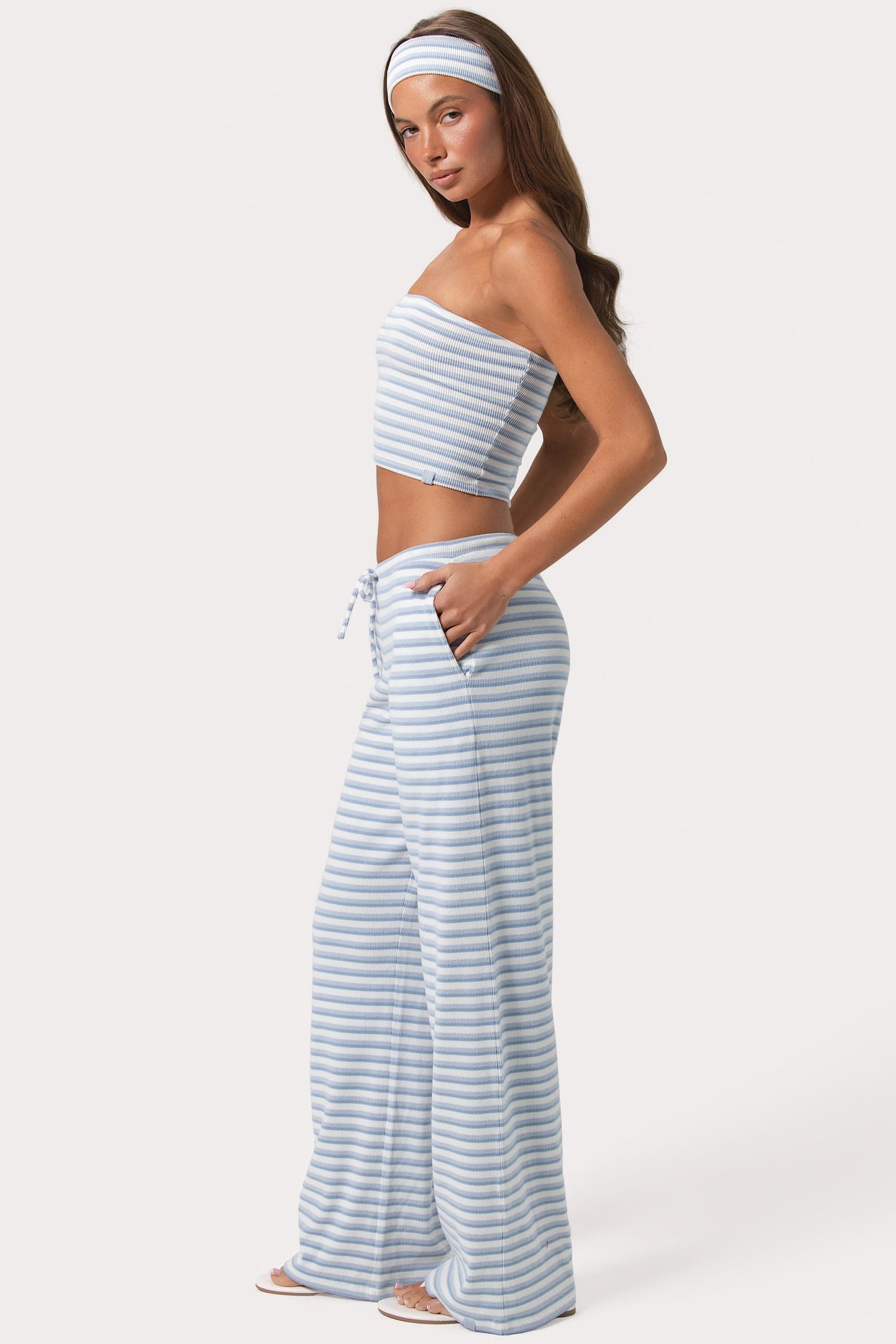 Ribbed Jersey Low-Rise Trousers in Blue Stripe - 3