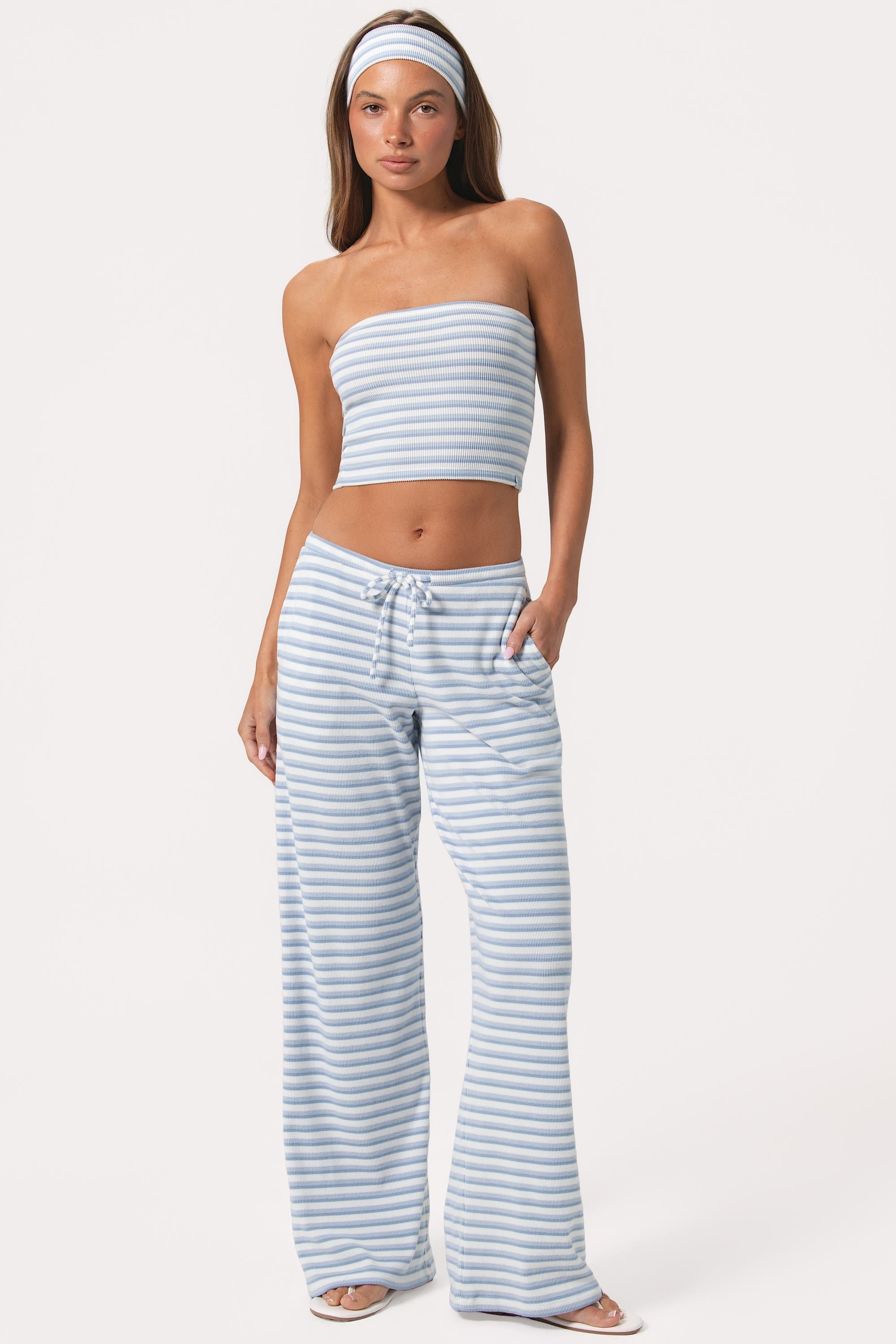 Ribbed Jersey Low-Rise Trousers in Blue Stripe