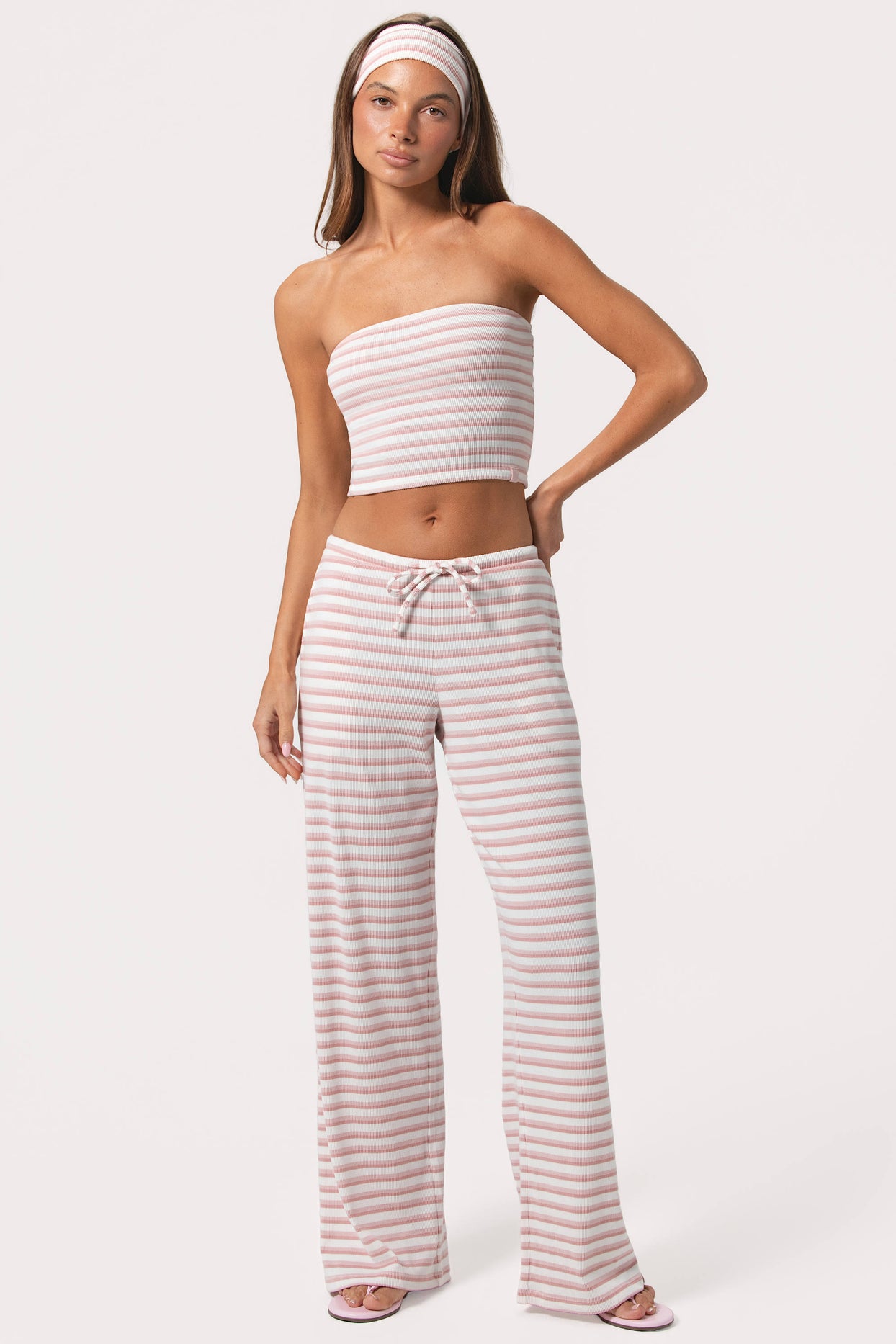 Ribbed Jersey Low-Rise Trousers in Pink Stripe