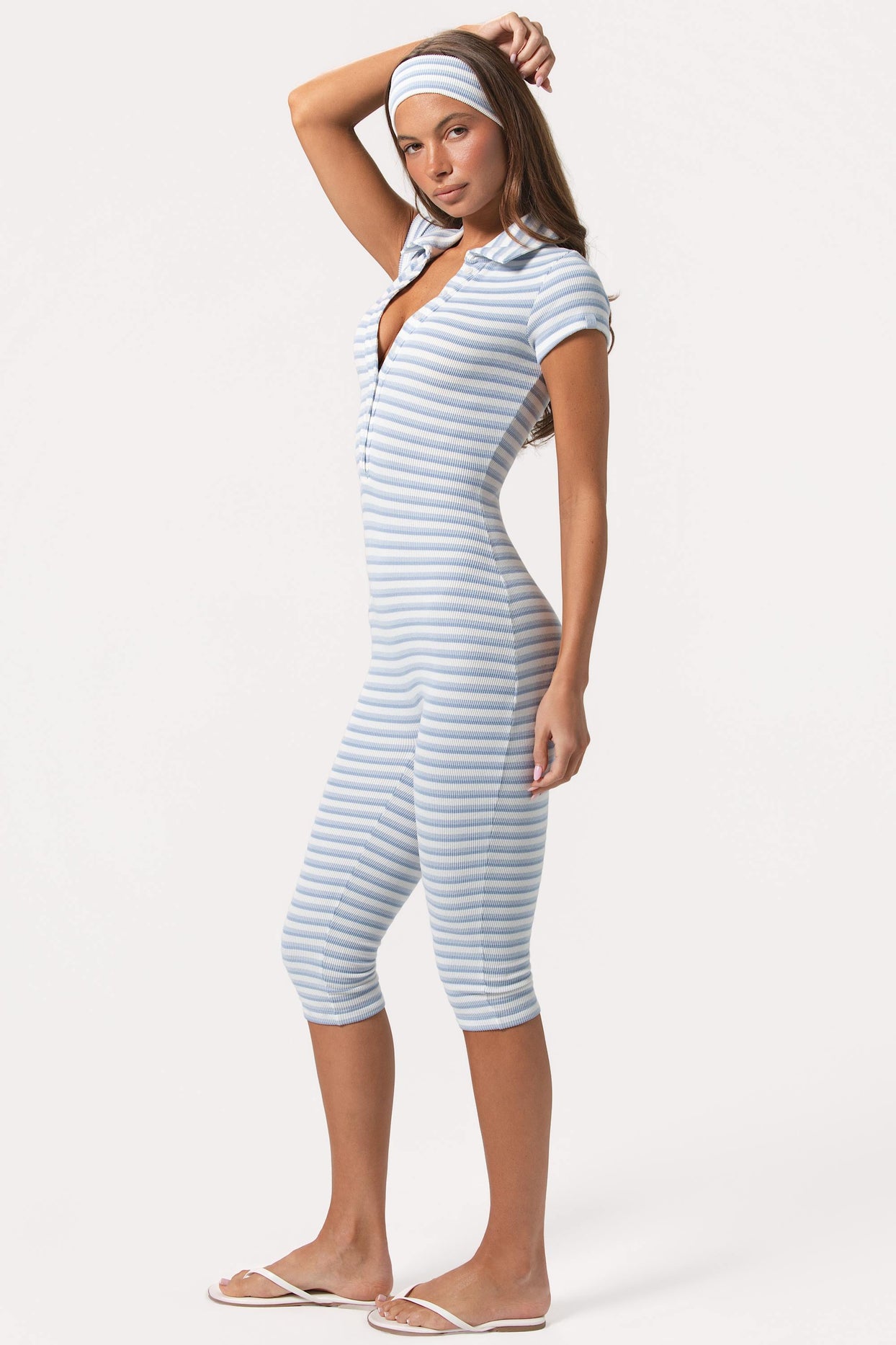 Ribbed Jersey Capri Jumpsuit in Blue Stripe - 3