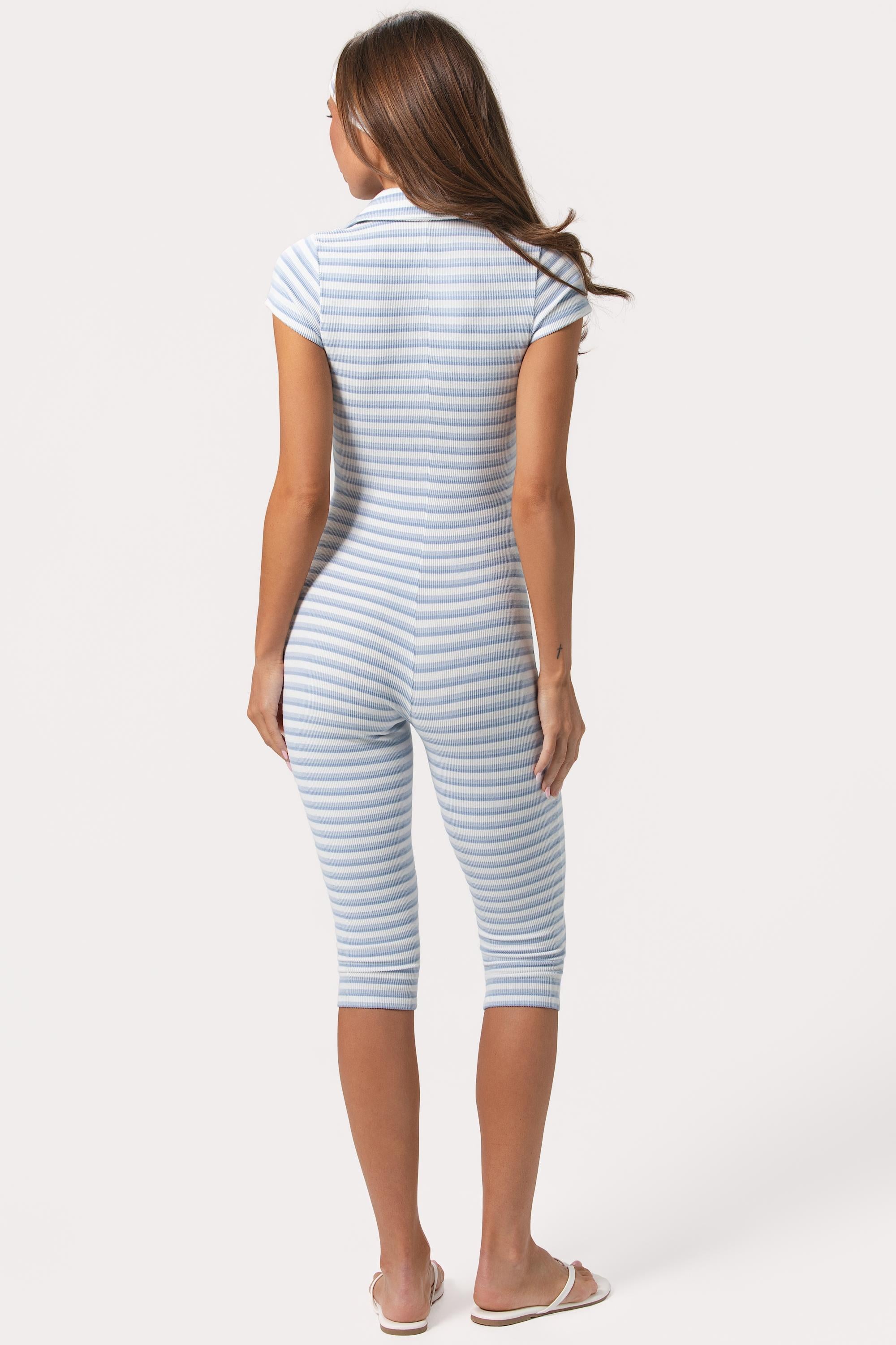 Ribbed Jersey Capri Jumpsuit in Blue Stripe