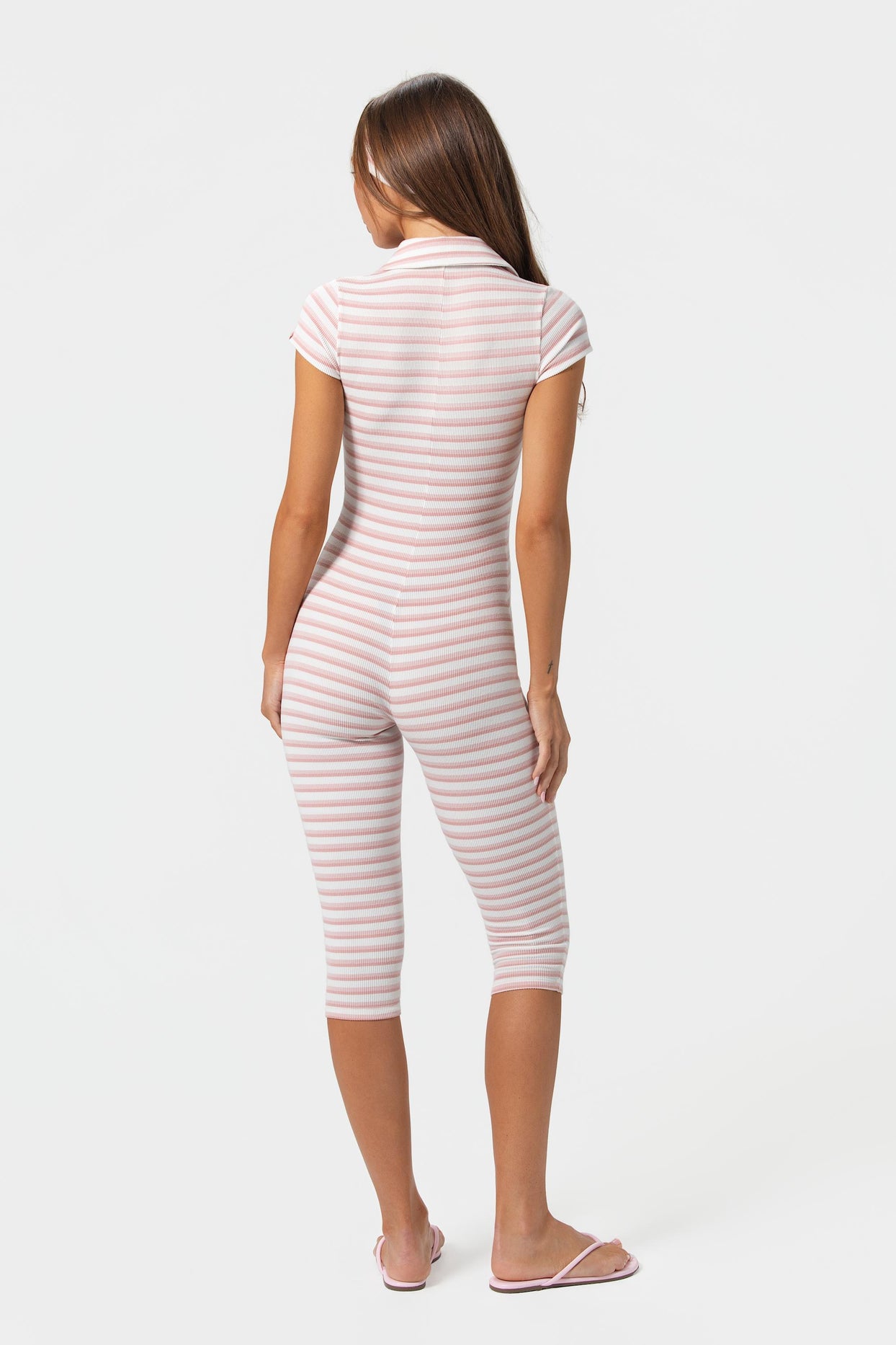 Ribbed Jersey Capri Jumpsuit in Pink Stripe - 2
