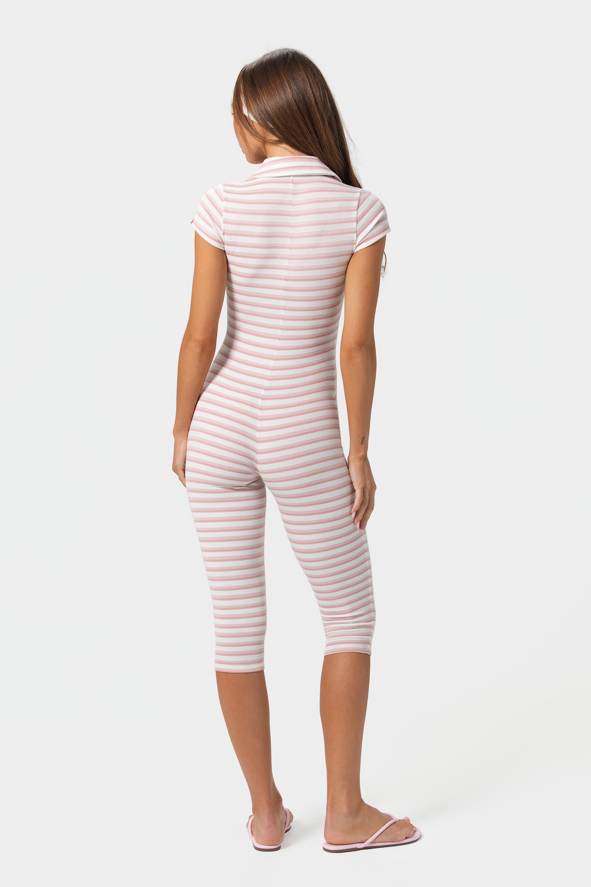 Ribbed Jersey Capri Jumpsuit in Pink Stripe - 2