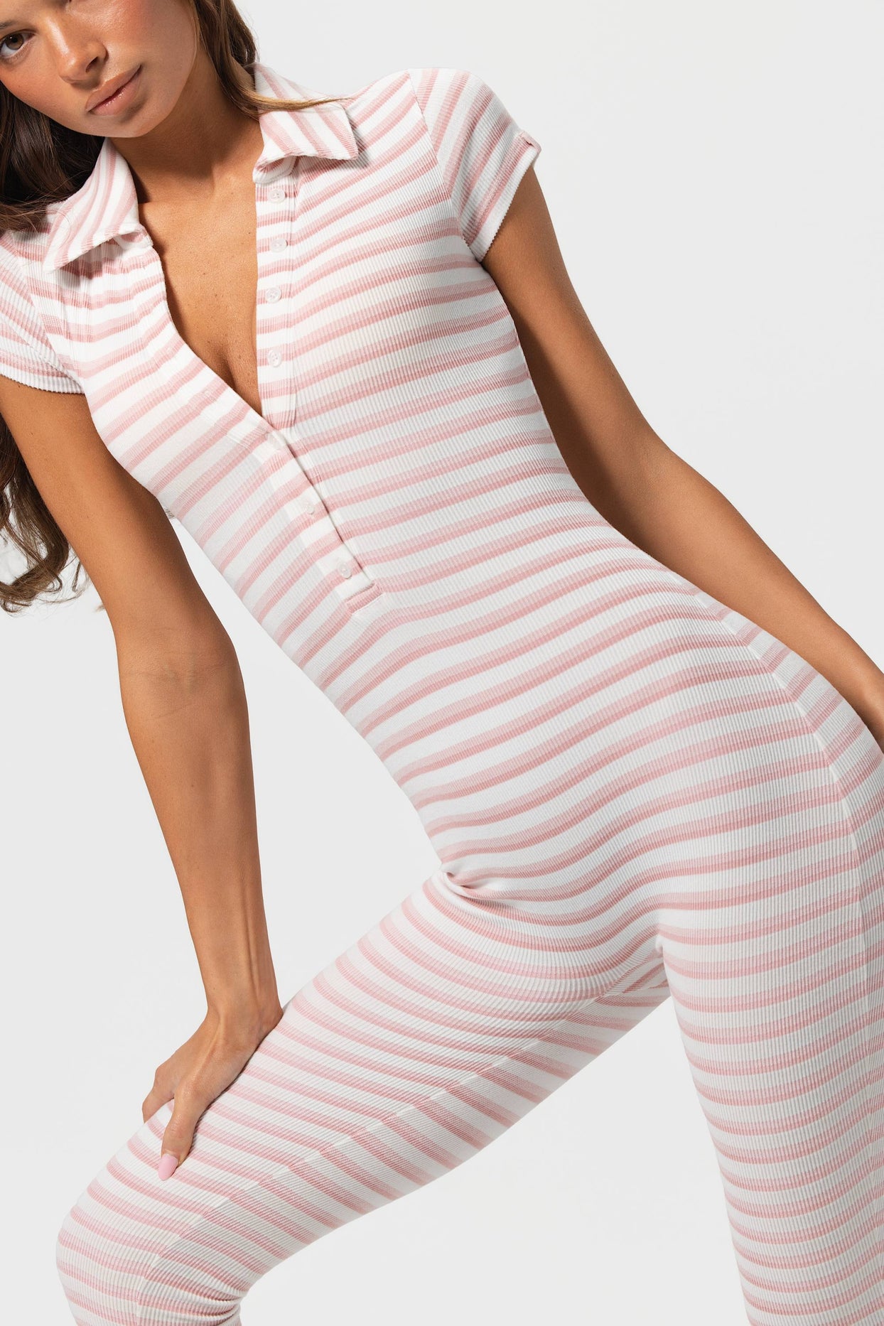 Ribbed Jersey Capri Jumpsuit in Pink Stripe - 4