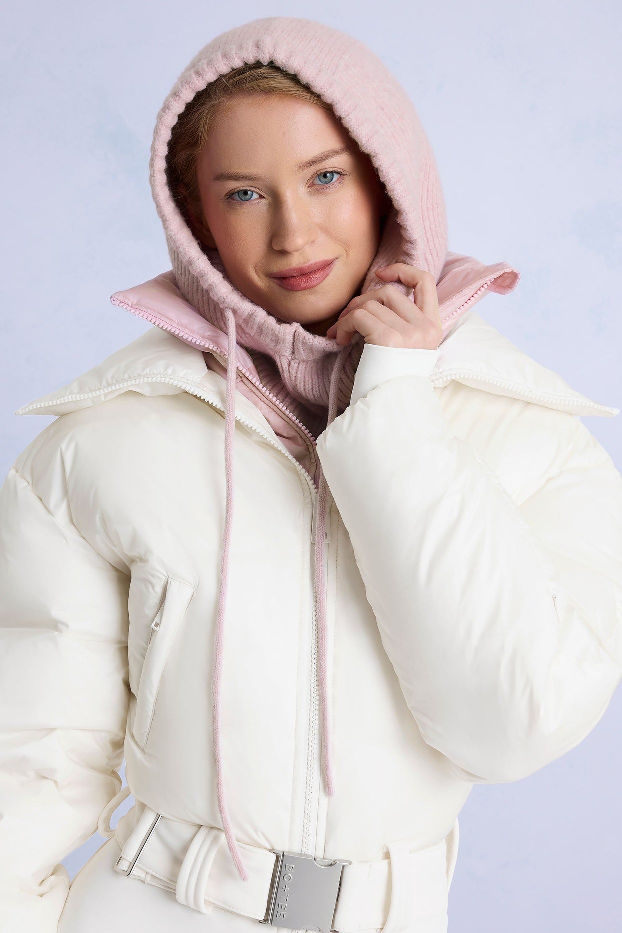 Knit Drawstring Balaclava in Powder Pink