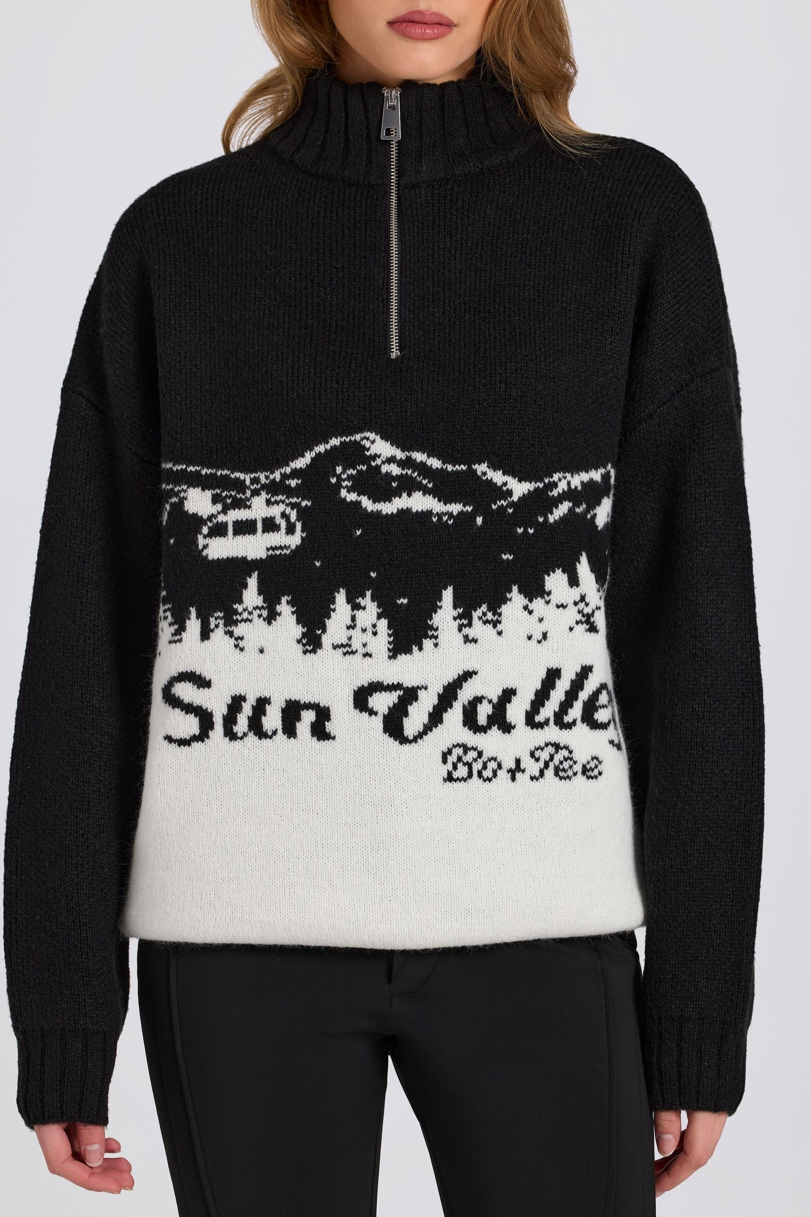 Knit Quarter-Zip Turtleneck Oversized Jumper in Black - 2