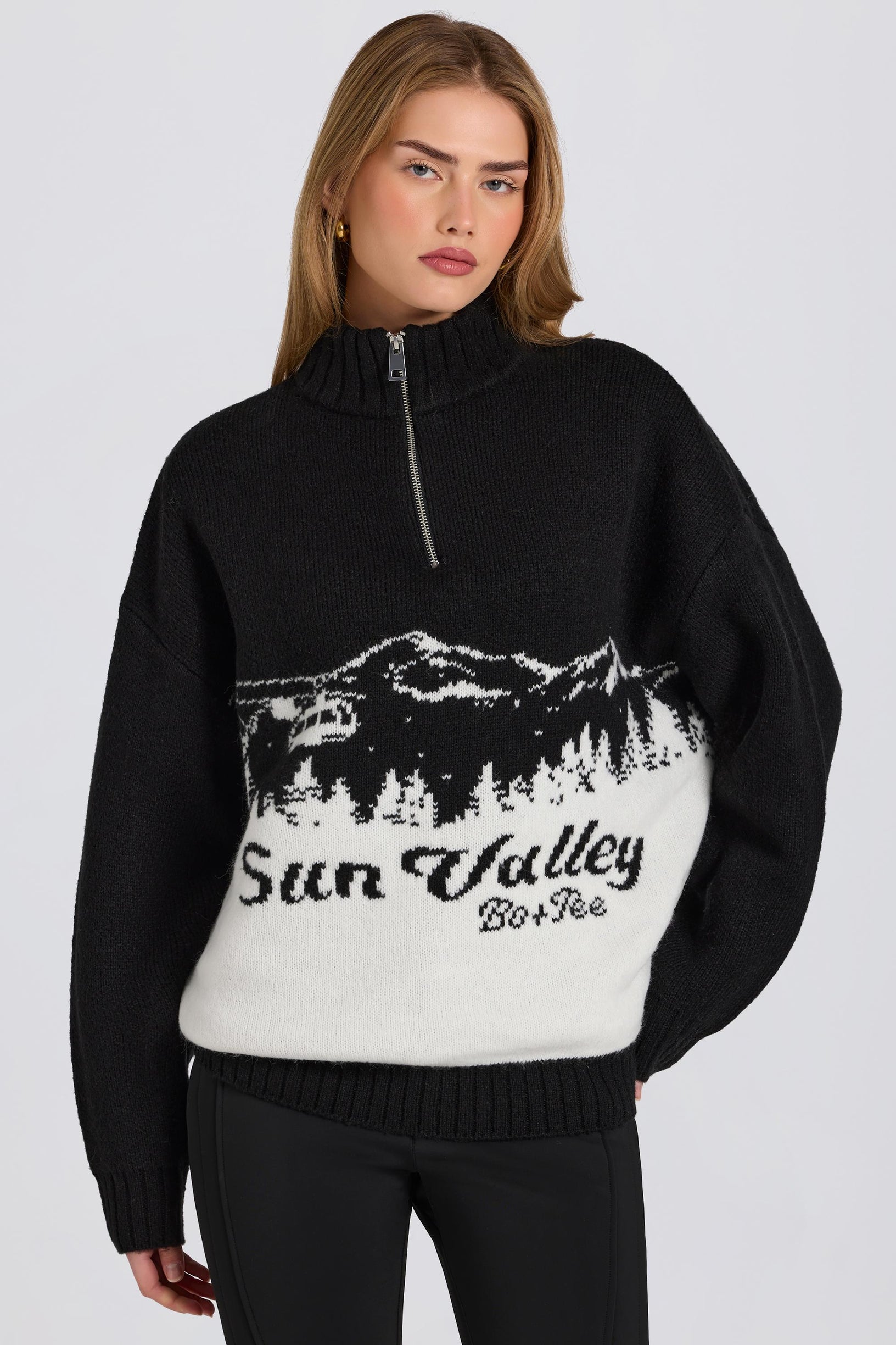 Knit Quarter-Zip Turtleneck Oversized Jumper in Black - 1