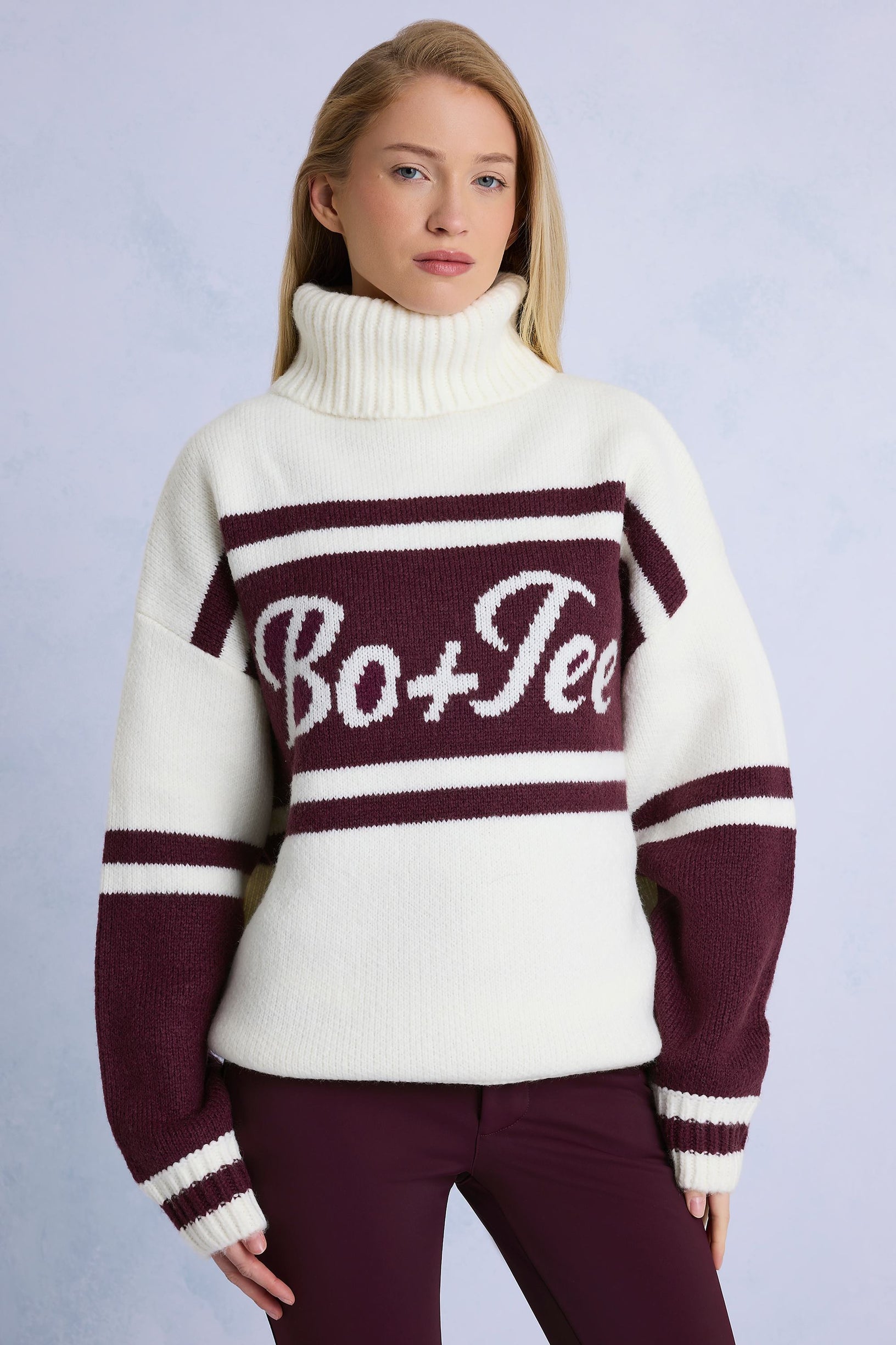 Knit Turtleneck Oversized Jumper in Burgundy - 1
