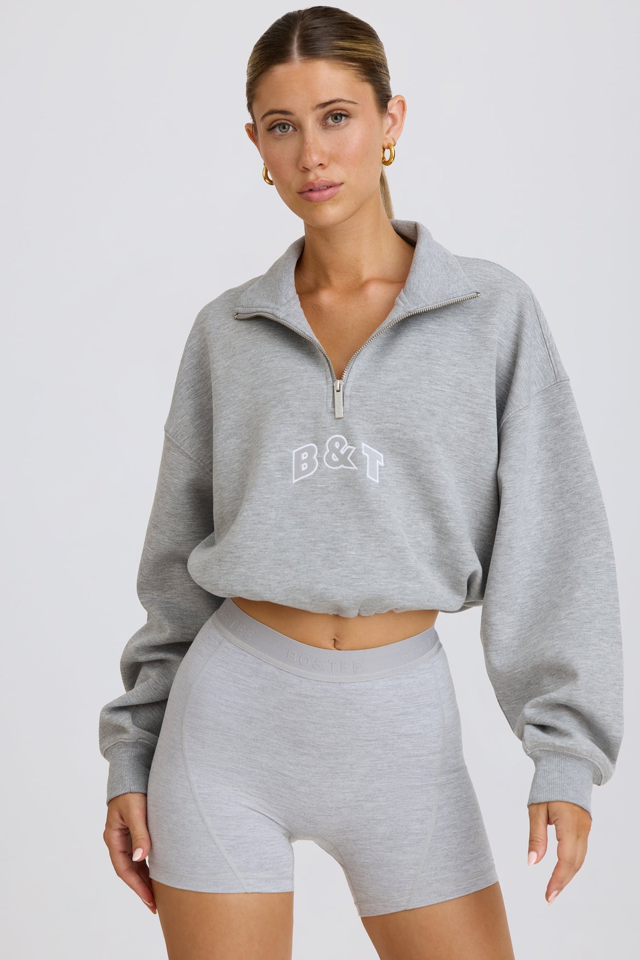 Quarter-Zip Cropped Sweatshirt in Grey Marl