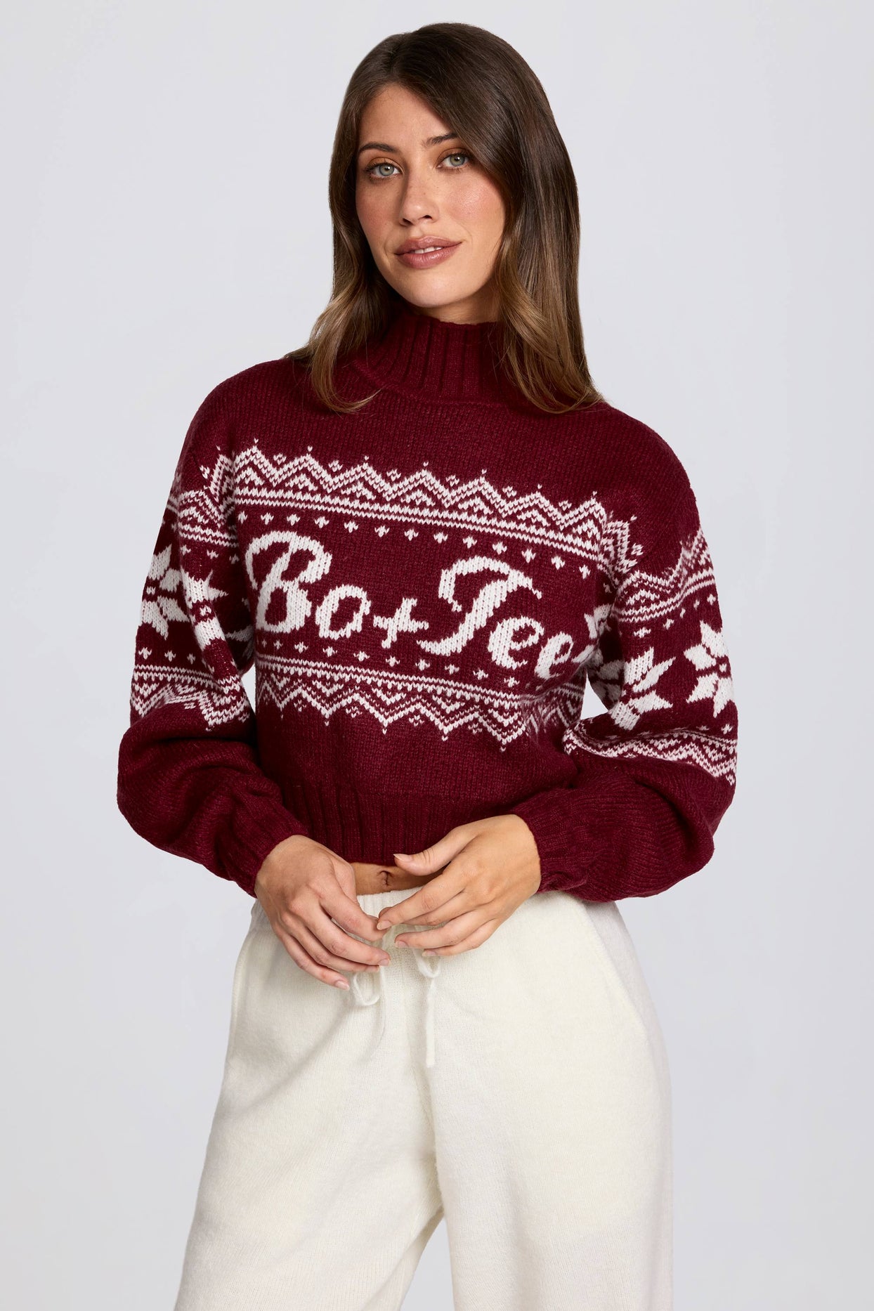Jacquard-Knit Cropped Jumper in Crimson Red