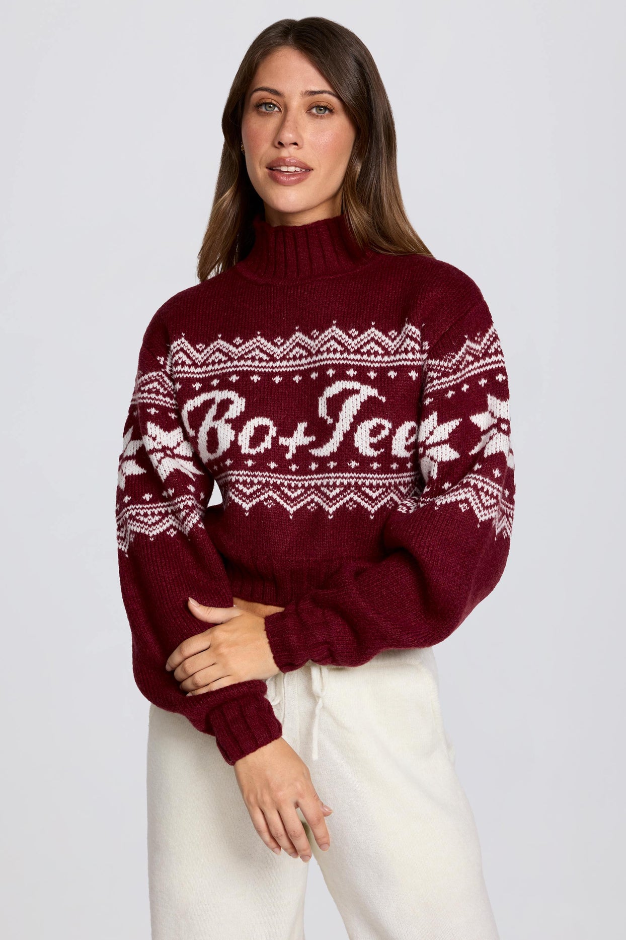 Jacquard-Knit Cropped Jumper in Crimson Red