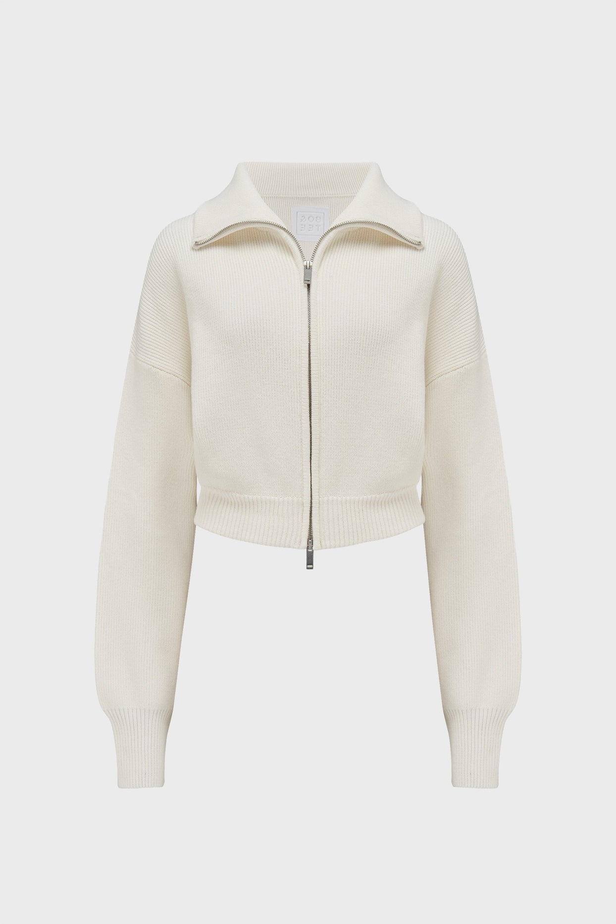 Ribbed Knit Zip-Up Cropped Sweatshirt in Ivory
