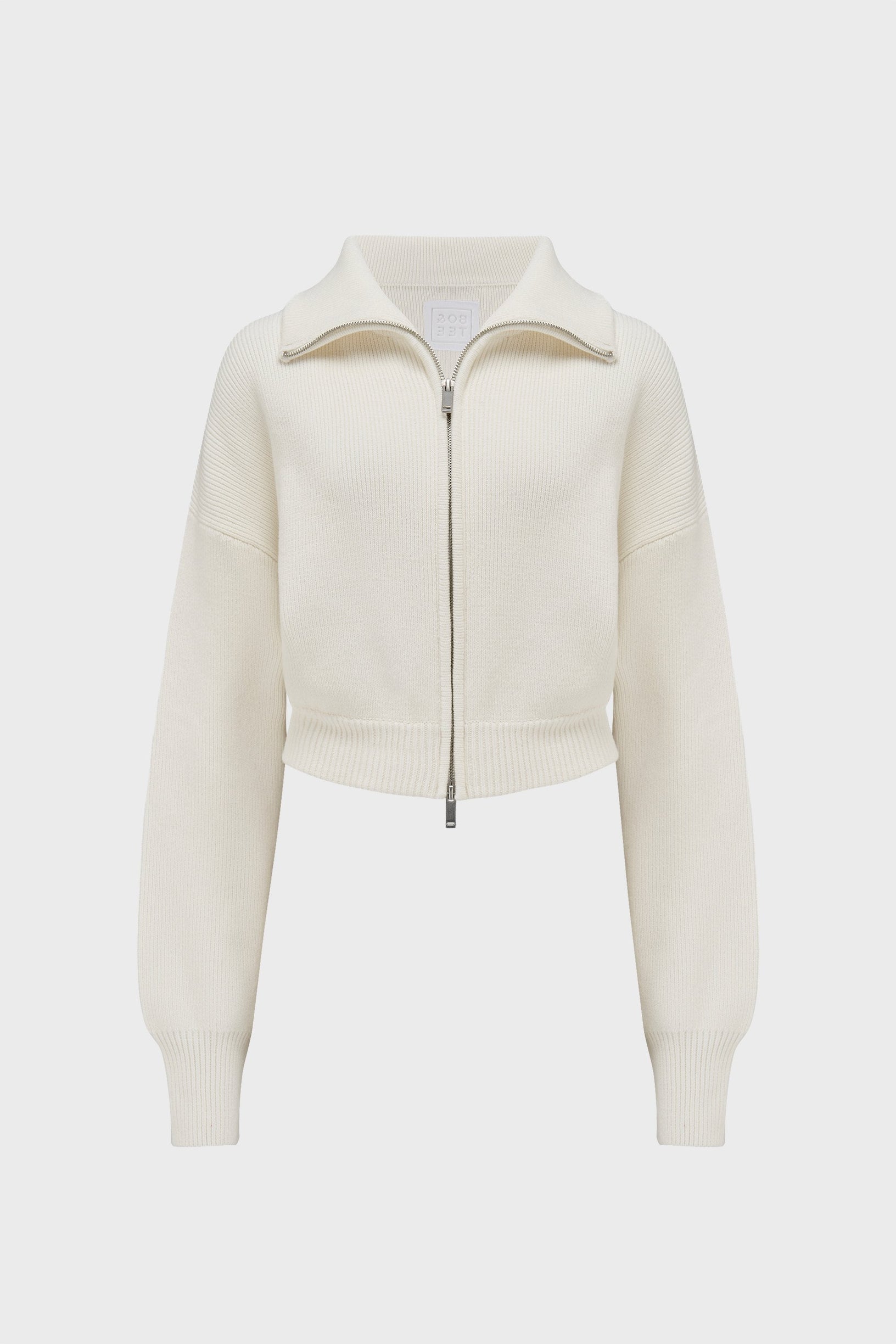 Ribbed Knit Zip-Up Cropped Sweatshirt in Ivory - 1