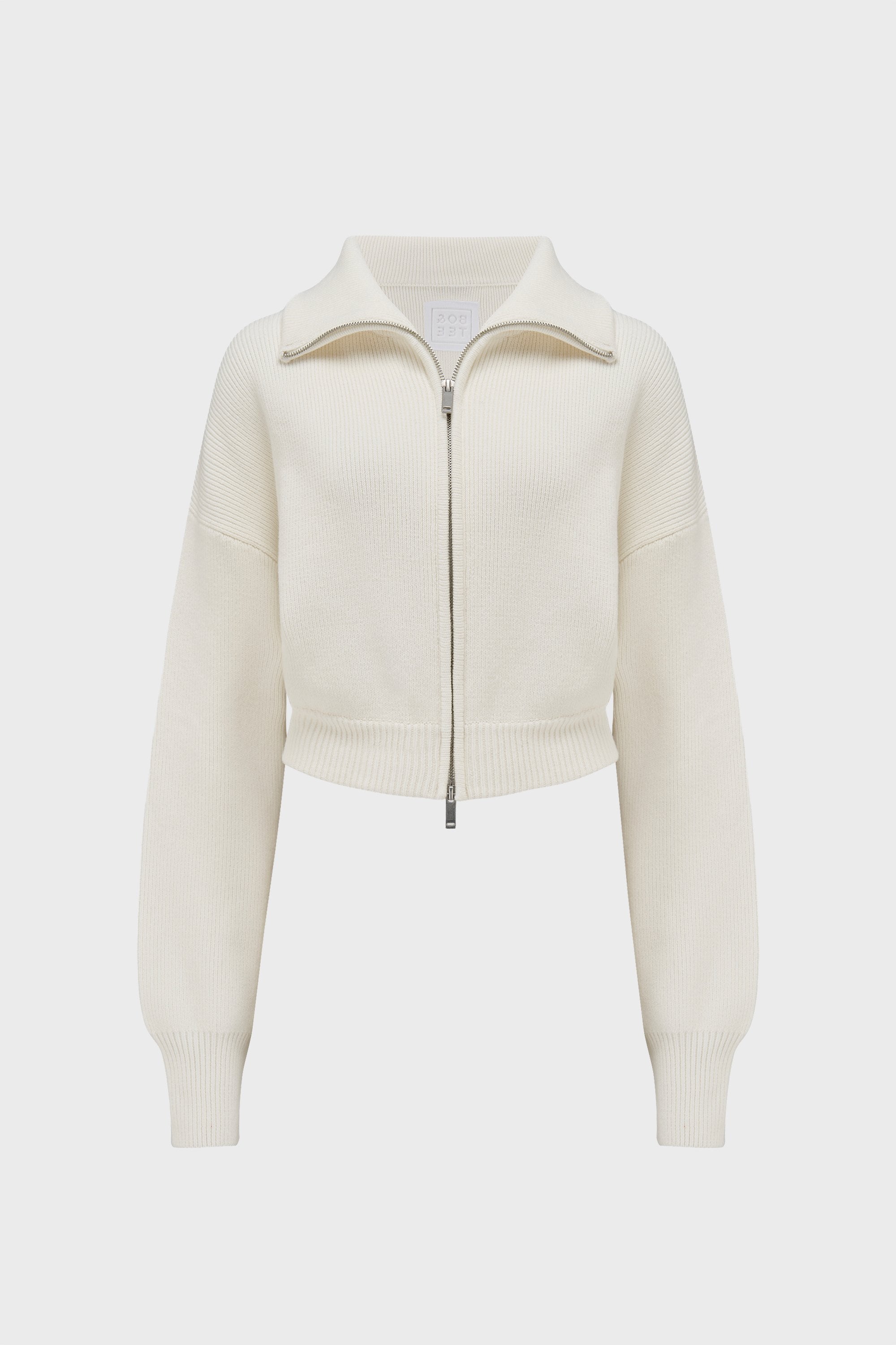 Ribbed Knit Zip-Up Cropped Sweatshirt in Ivory