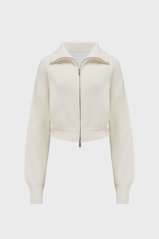Ribbed Knit Zip-Up Cropped Sweatshirt in Ivory