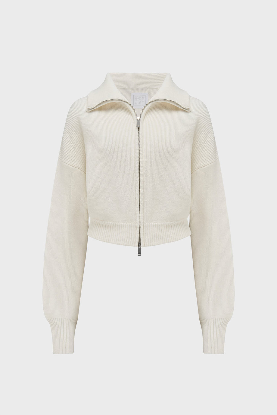 Ribbed Knit Zip-Up Cropped Sweatshirt in Ivory