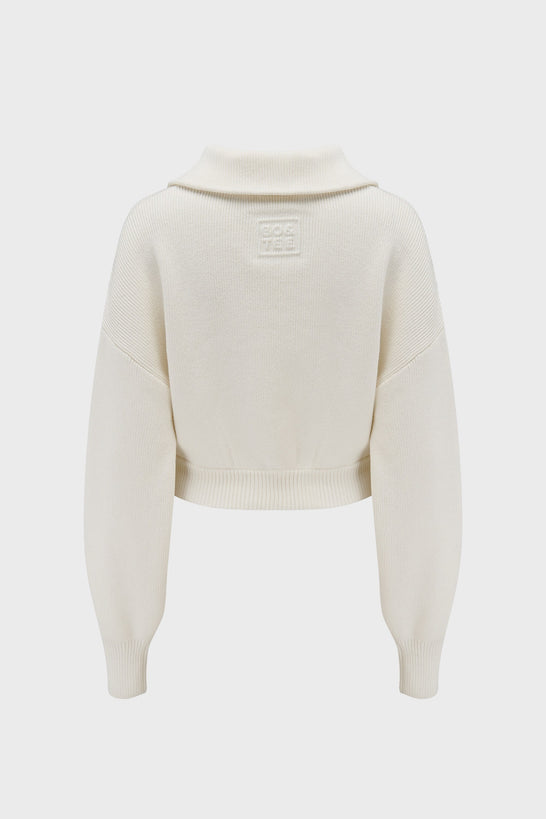 Ribbed Knit Zip-Up Cropped Sweatshirt in Ivory