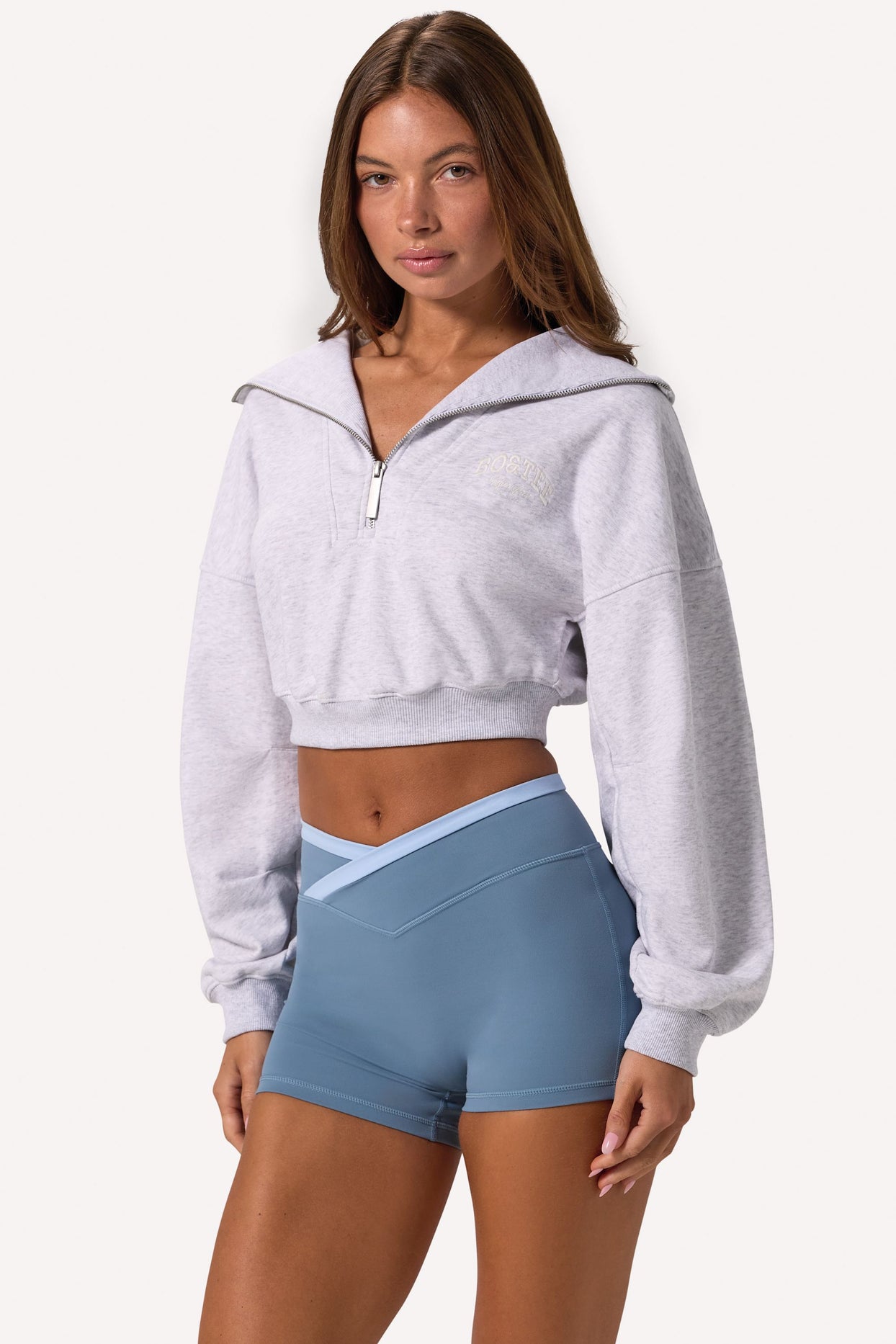 Quarter-Zip Cropped Sweatshirt in Grey Marl - 3