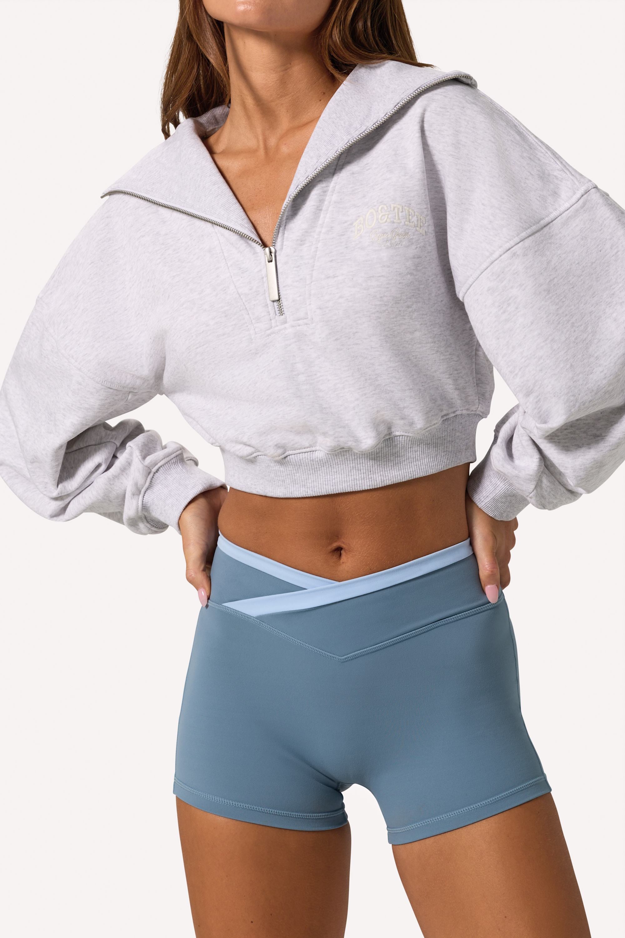 Quarter-Zip Cropped Sweatshirt in Grey Marl