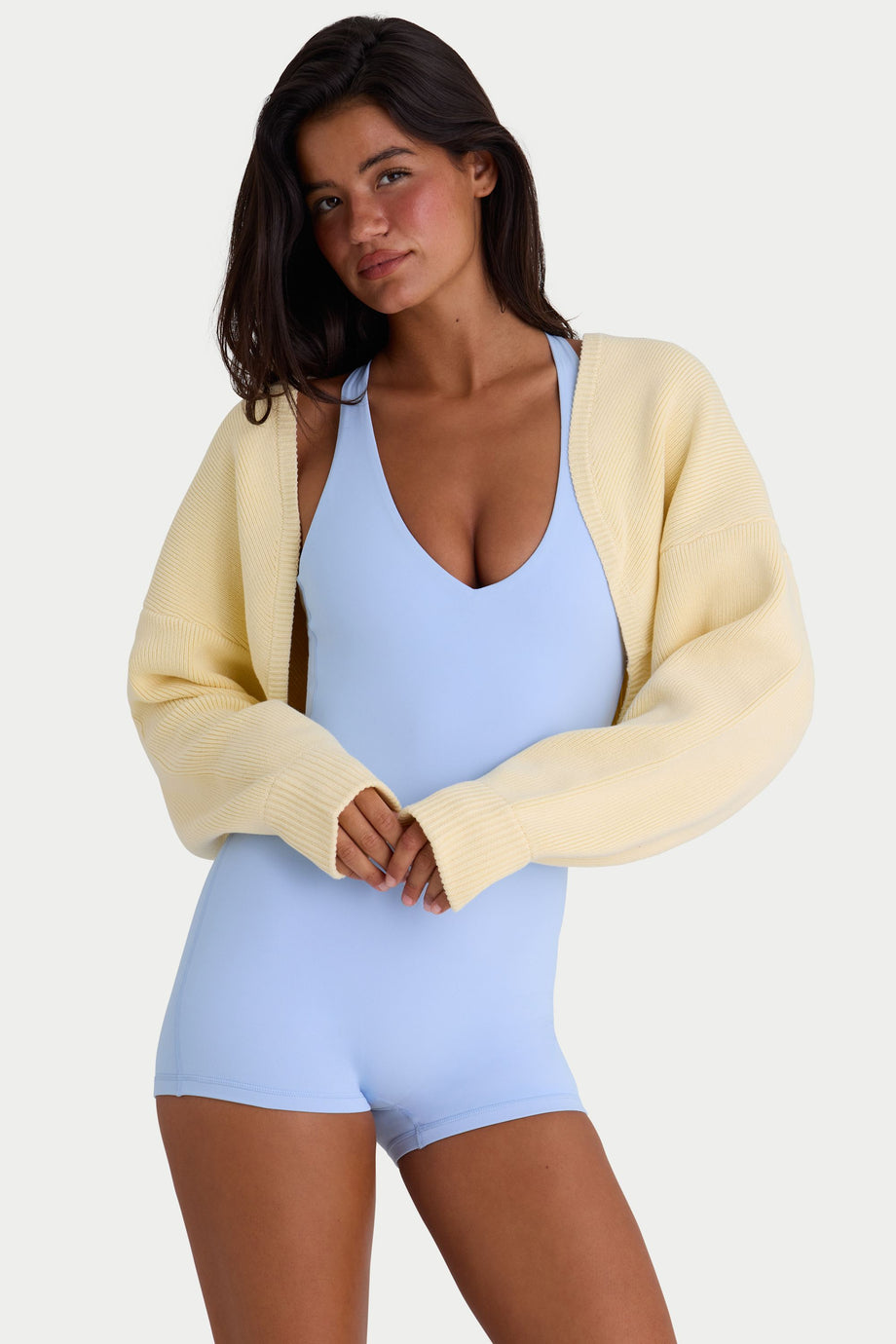 Ribbed-Knit Cropped Shrug in Lemon