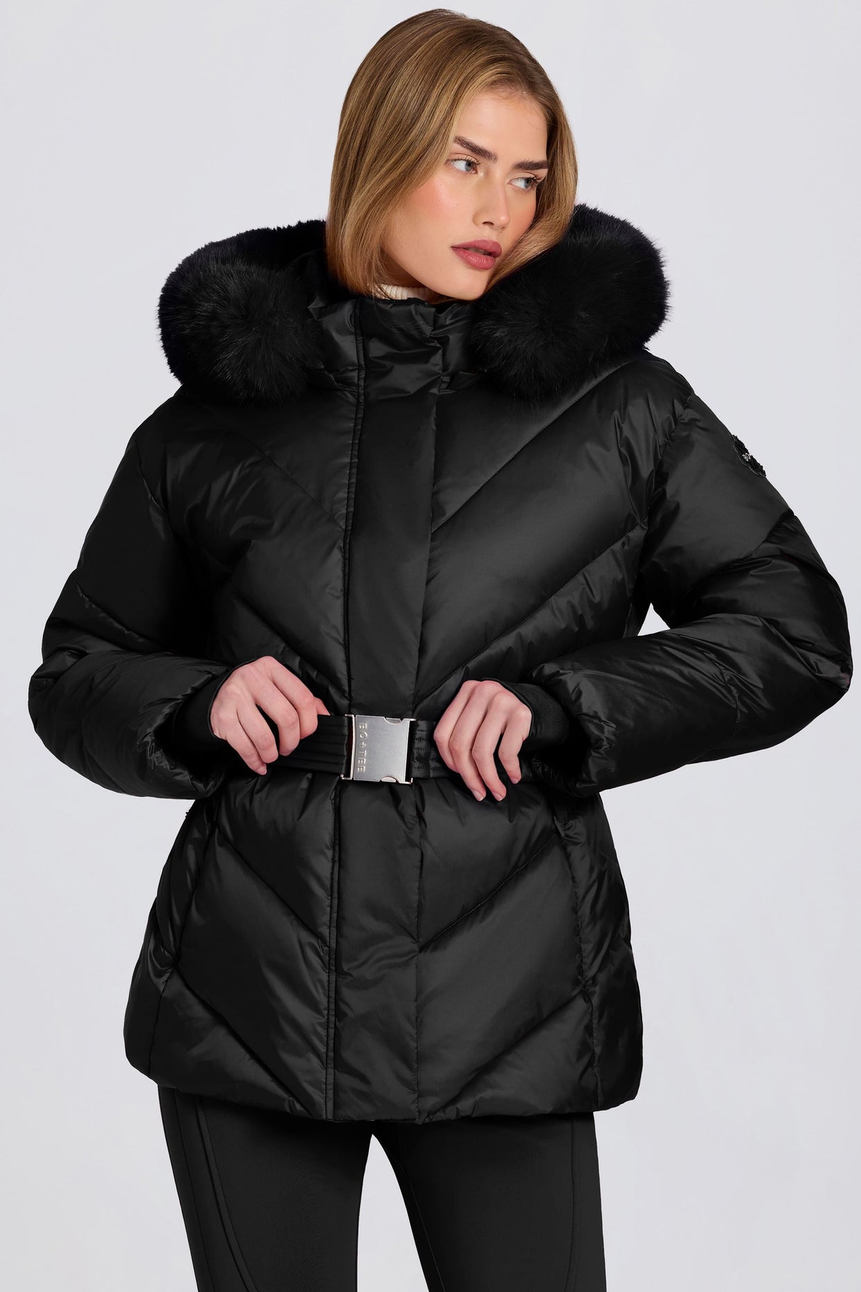 Waterproof Faux-Fur Hood Ski Jacket in Black