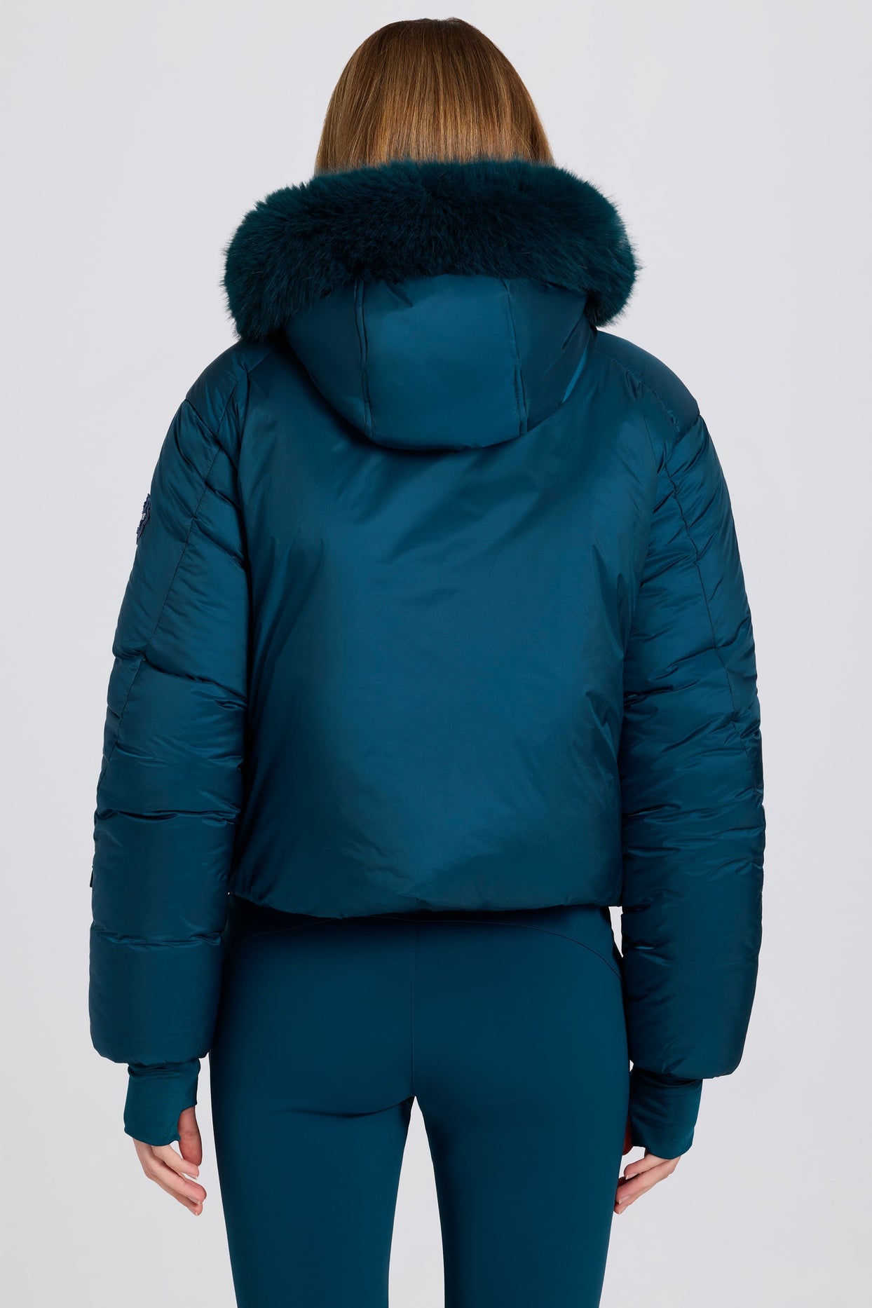 Waterproof Faux-Fur Hood Cropped Ski Jacket in Teal