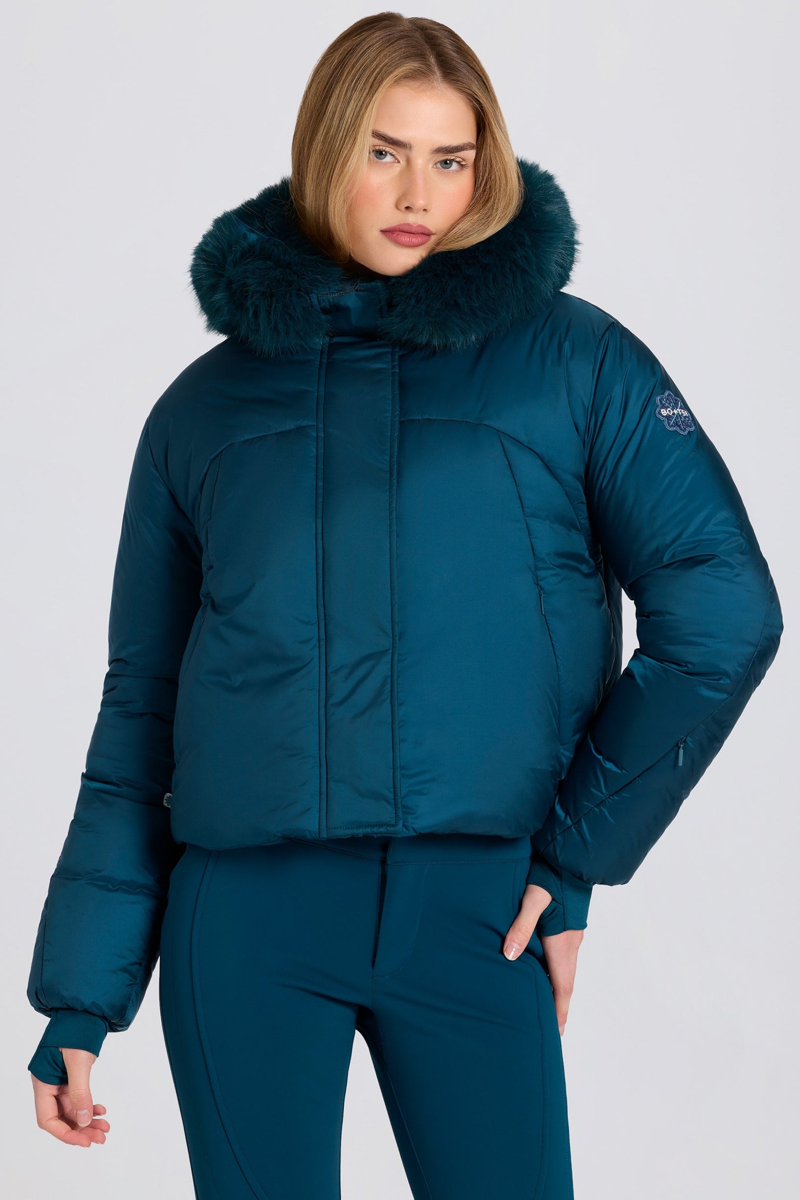 Waterproof Faux-Fur Hood Cropped Ski Jacket in Teal - 1