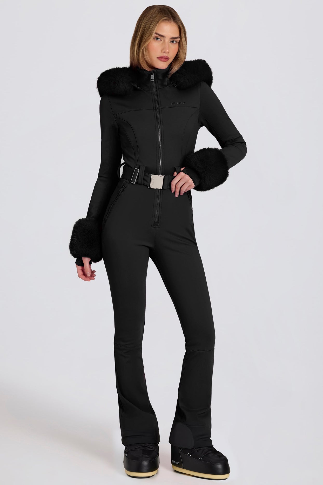 Waterproof Faux-Fur Hood Fitted Ski Suit in Black