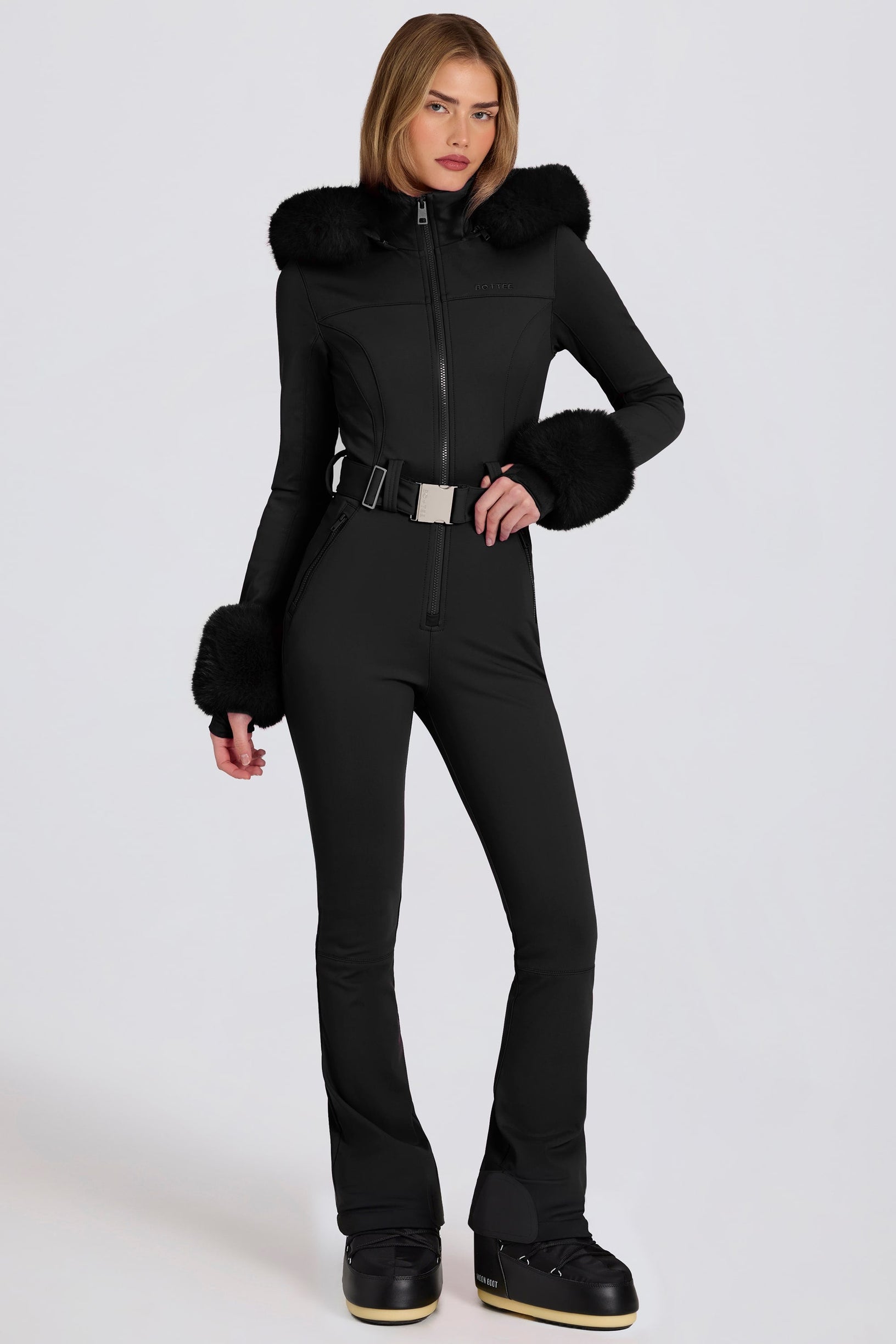 Waterproof Faux-Fur Hood Fitted Ski Suit in Black - 1