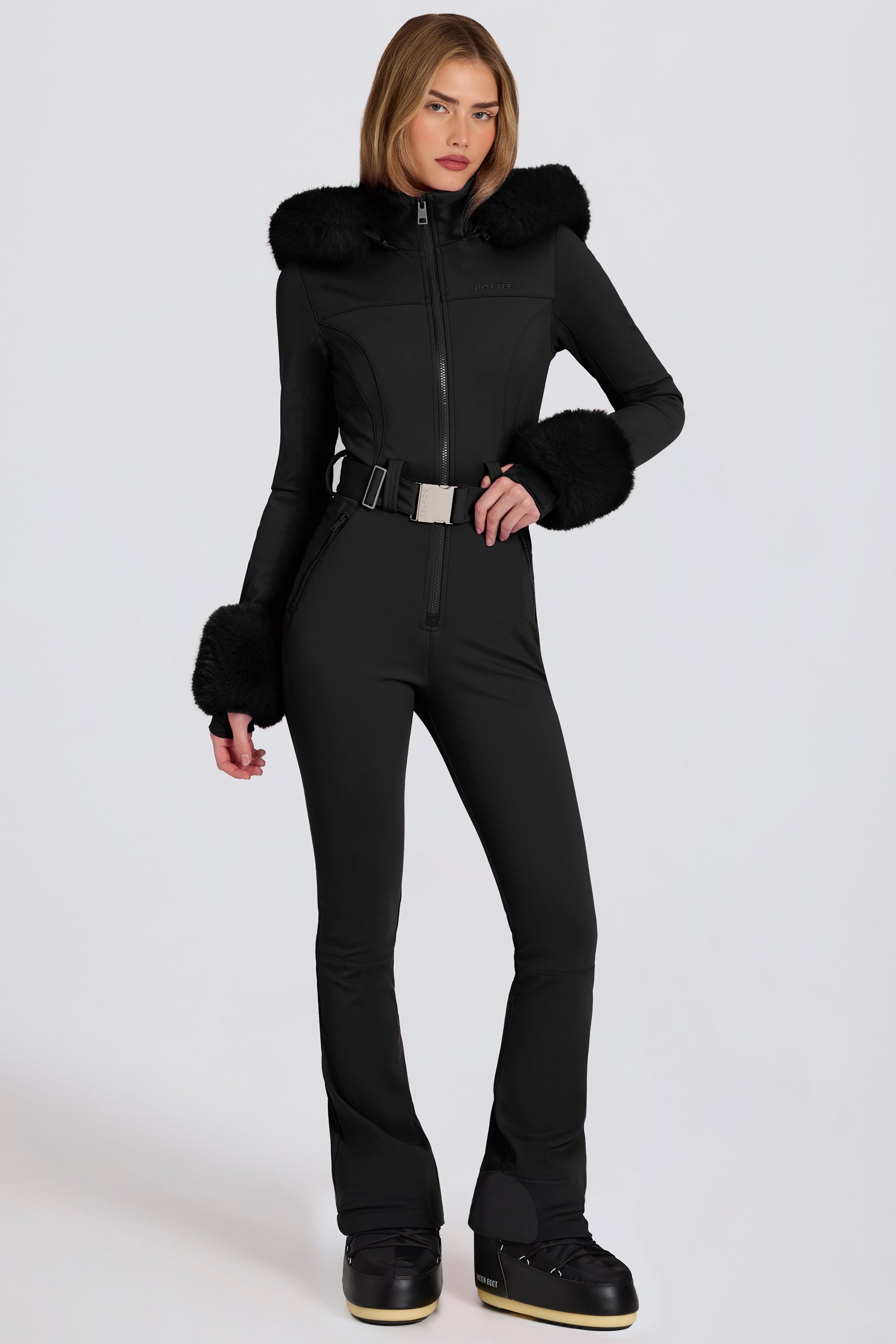 Waterproof Faux-Fur Hood Fitted Ski Suit in Black - 1