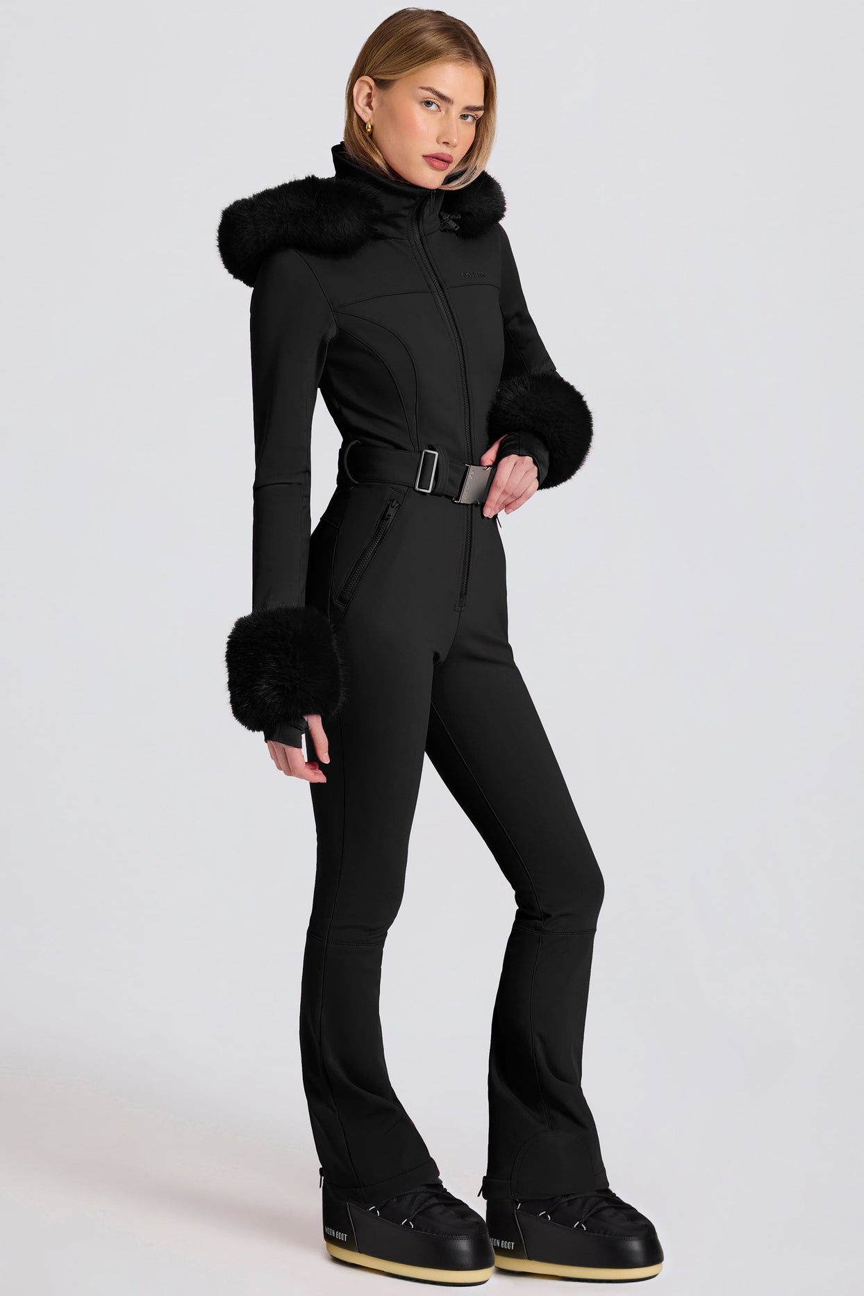 Waterproof Faux-Fur Hood Fitted Ski Suit in Black