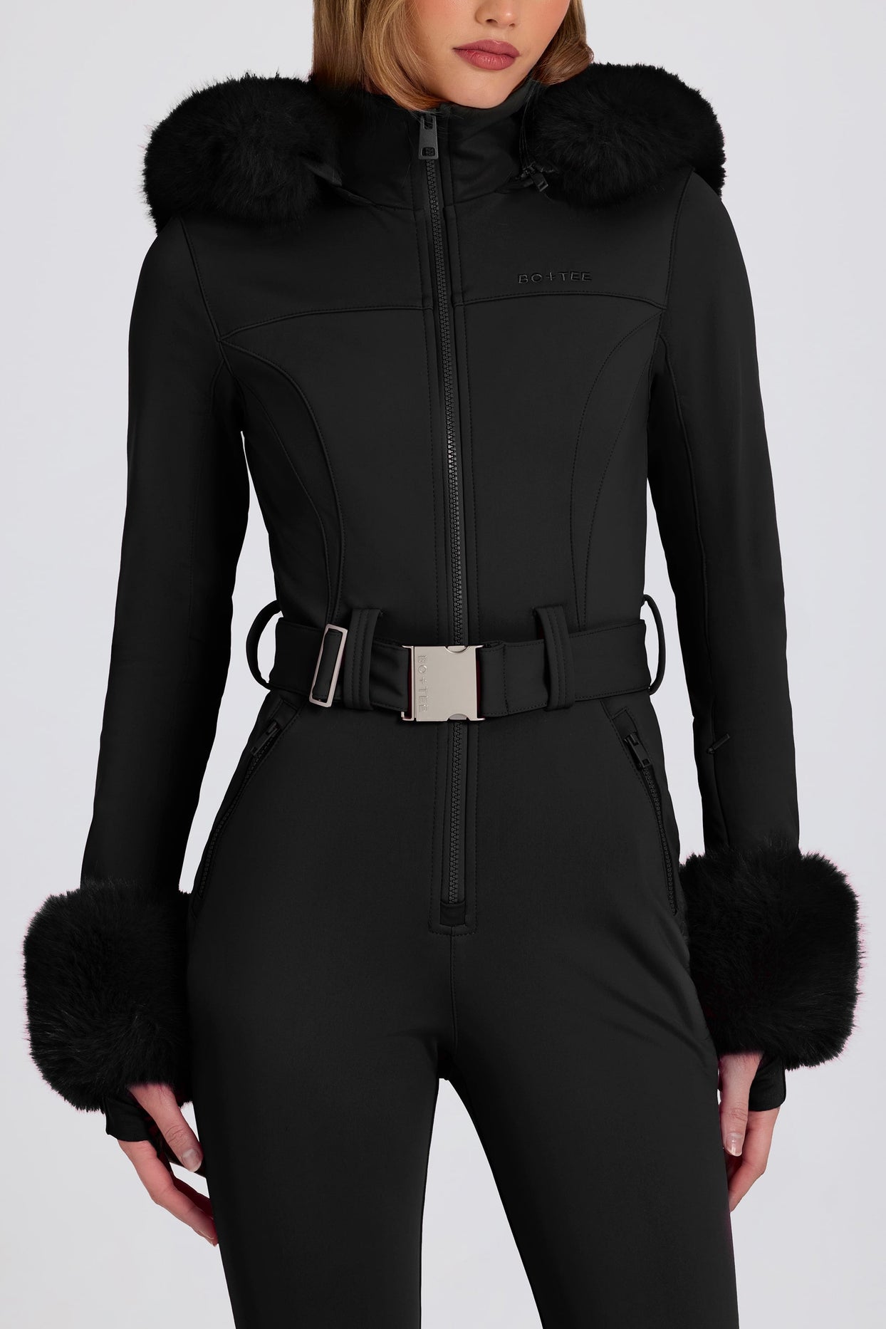 Waterproof Faux-Fur Hood Fitted Ski Suit in Black