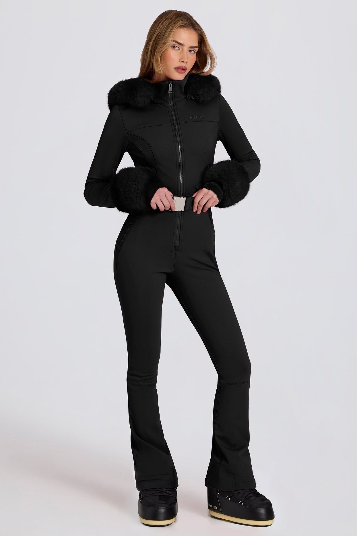 Waterproof Faux-Fur Hood Fitted Ski Suit in Black