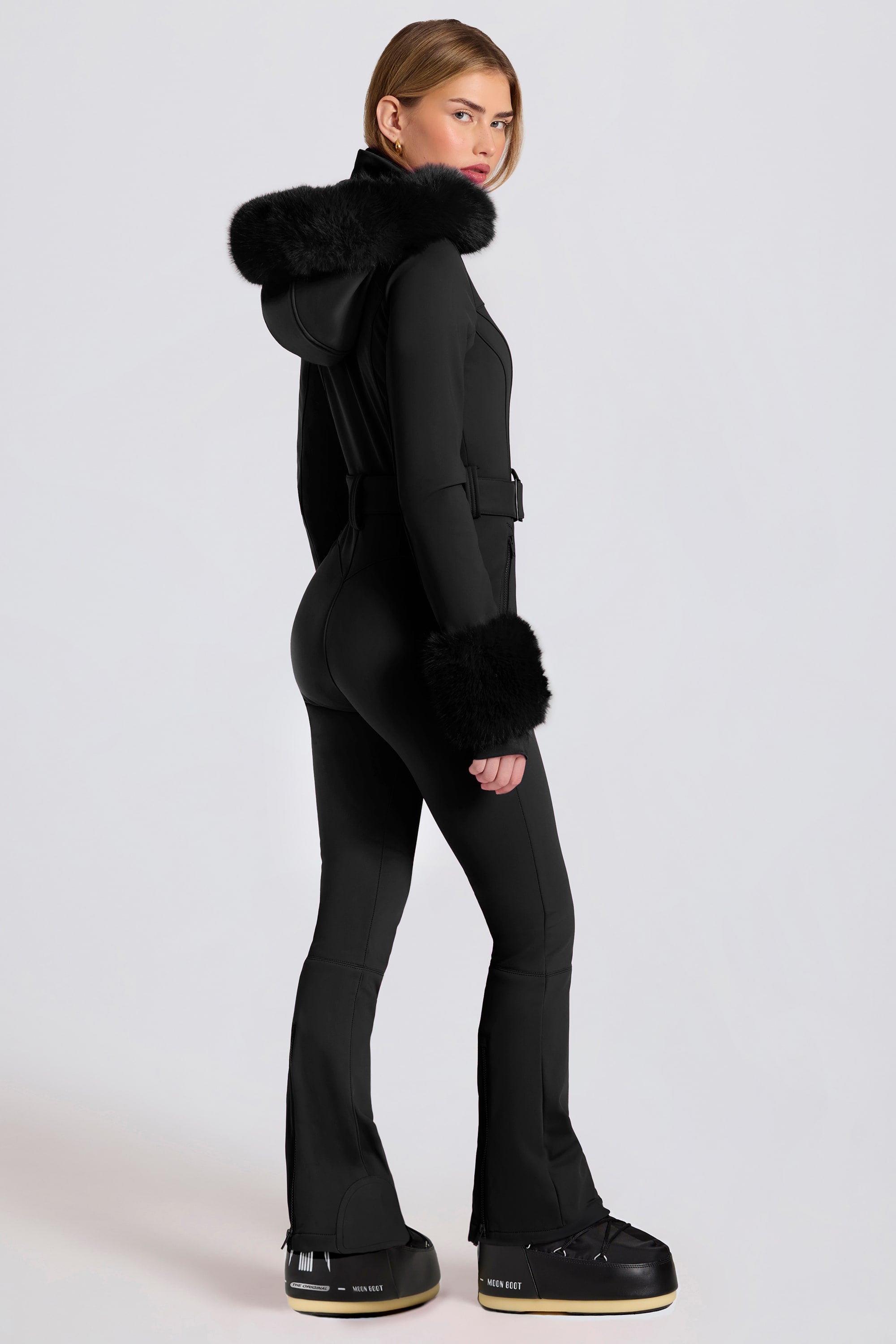 Waterproof Faux-Fur Hood Fitted Ski Suit in Black - 2