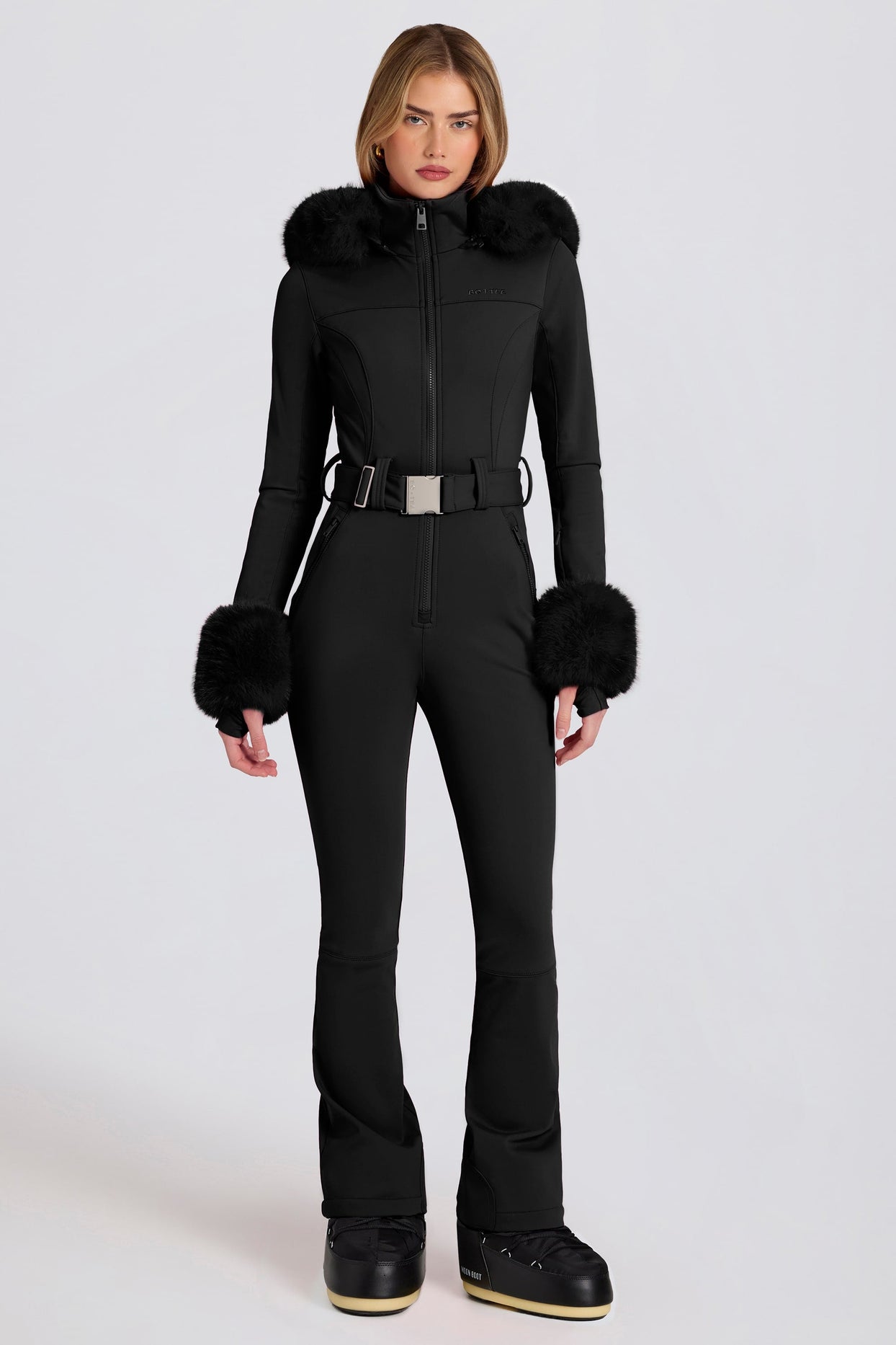 Waterproof Faux-Fur Hood Fitted Ski Suit in Black