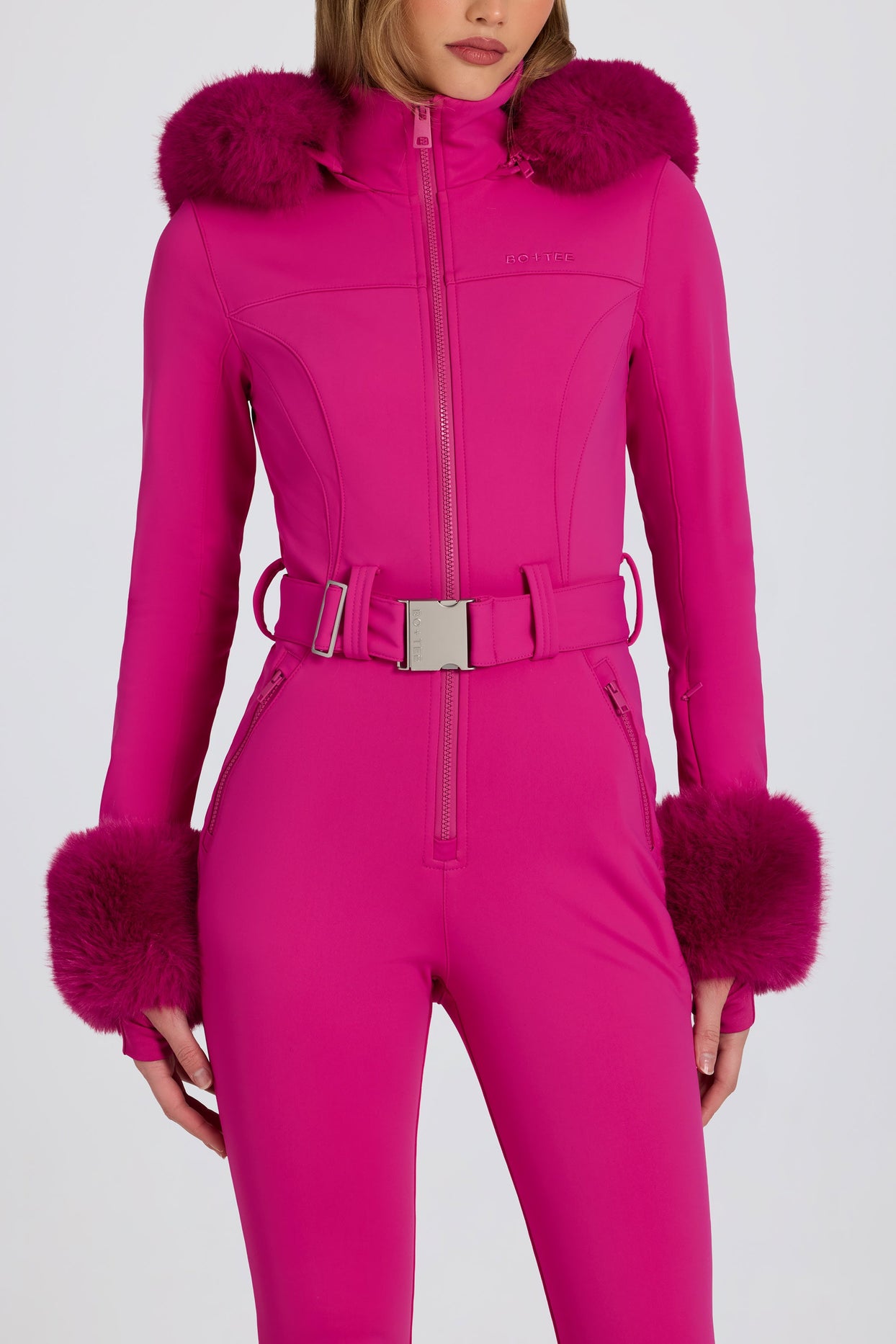 Waterproof Faux-Fur Hood Fitted Ski Suit in Magenta Pink