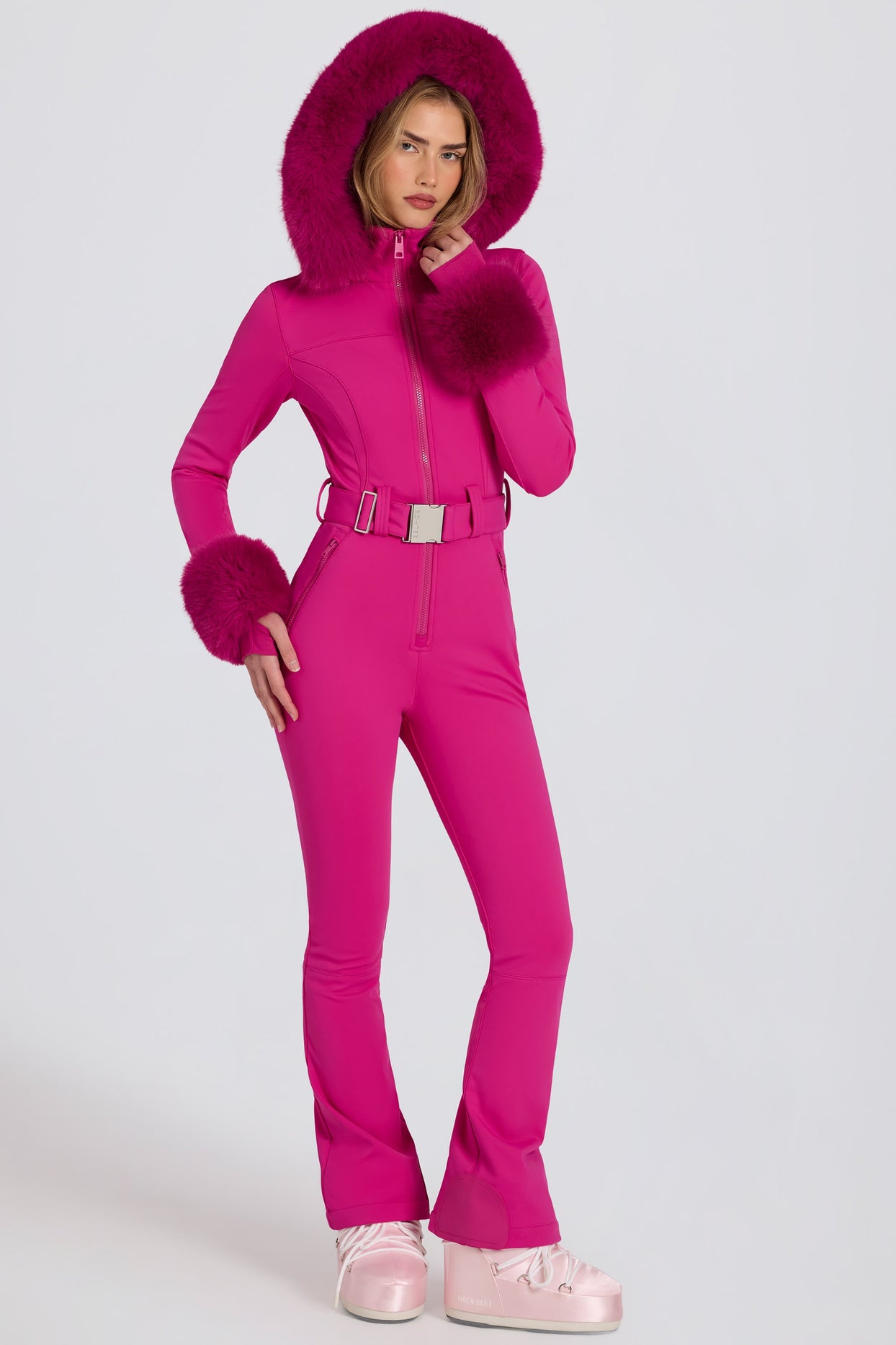 Waterproof Faux-Fur Hood Fitted Ski Suit in Magenta Pink